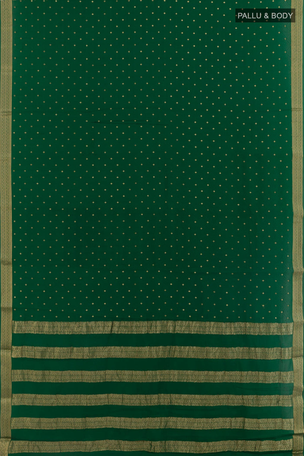 Flat view of Green Mysore Crepe Saree with Zari Butta on the body and Zari Border. 