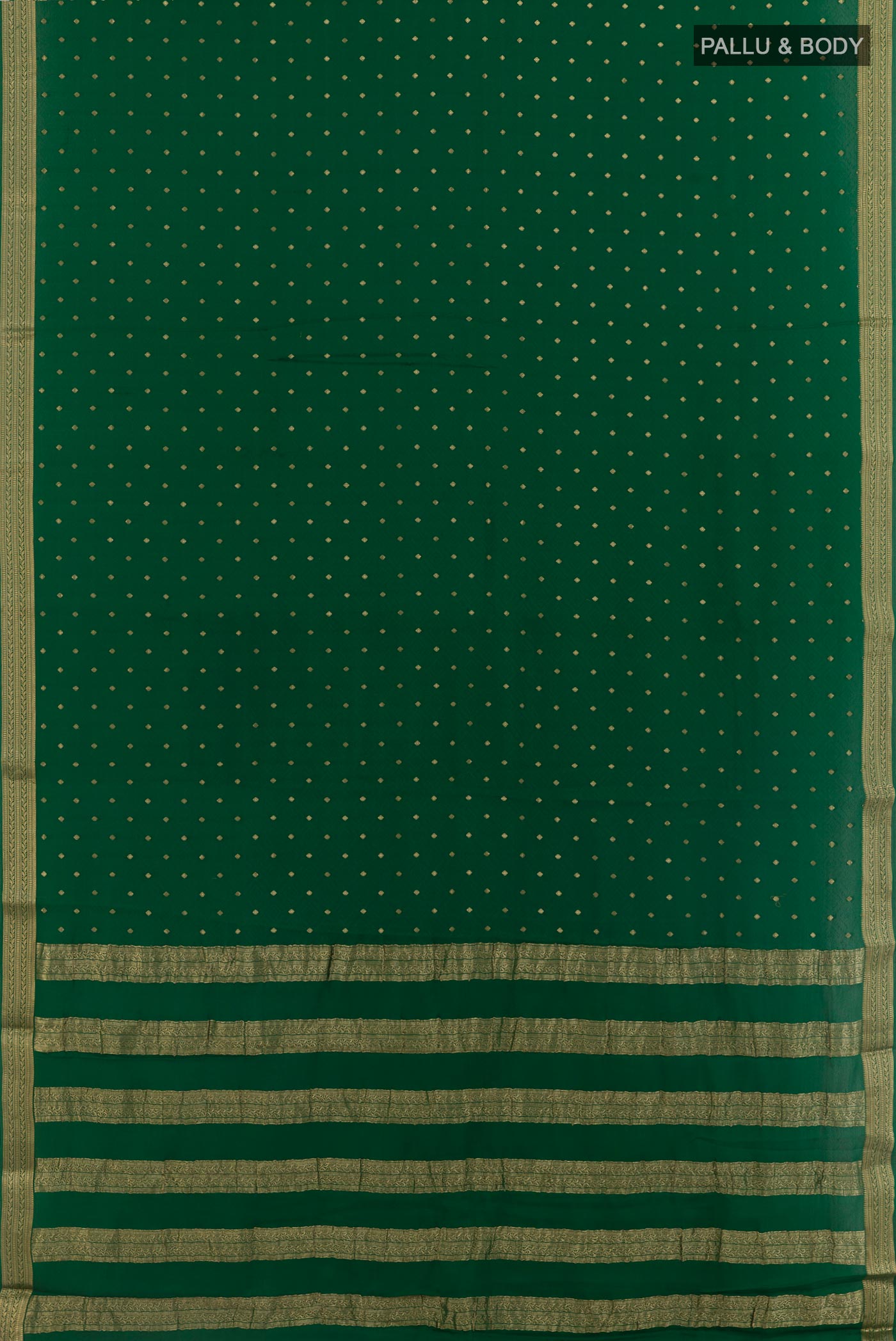 Flat view of Green Mysore Crepe Saree with Zari Butta on the body and Zari Border. 