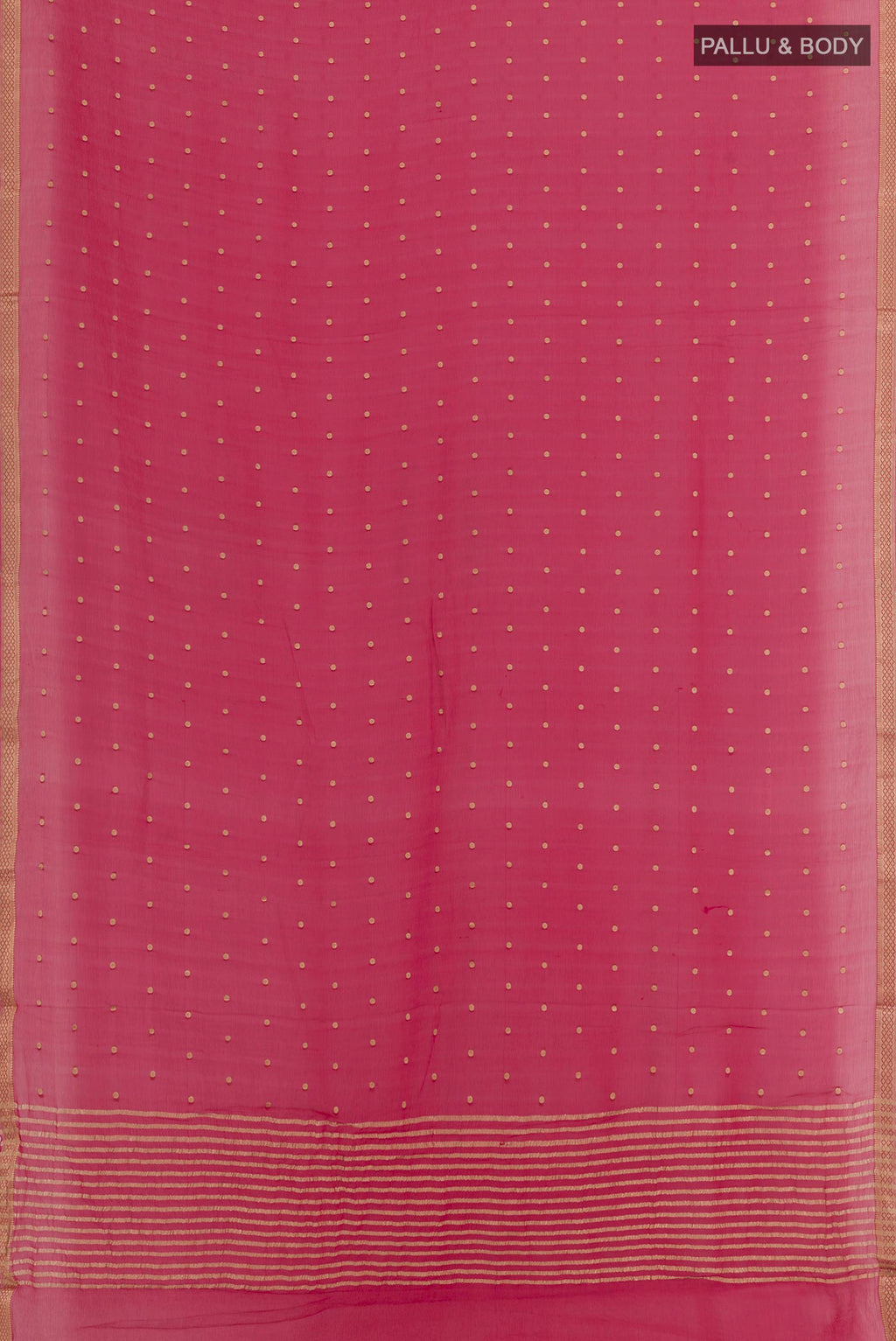 Flat view of Pink Chiffon Saree with Zari Butta on the body and Zari Border. 