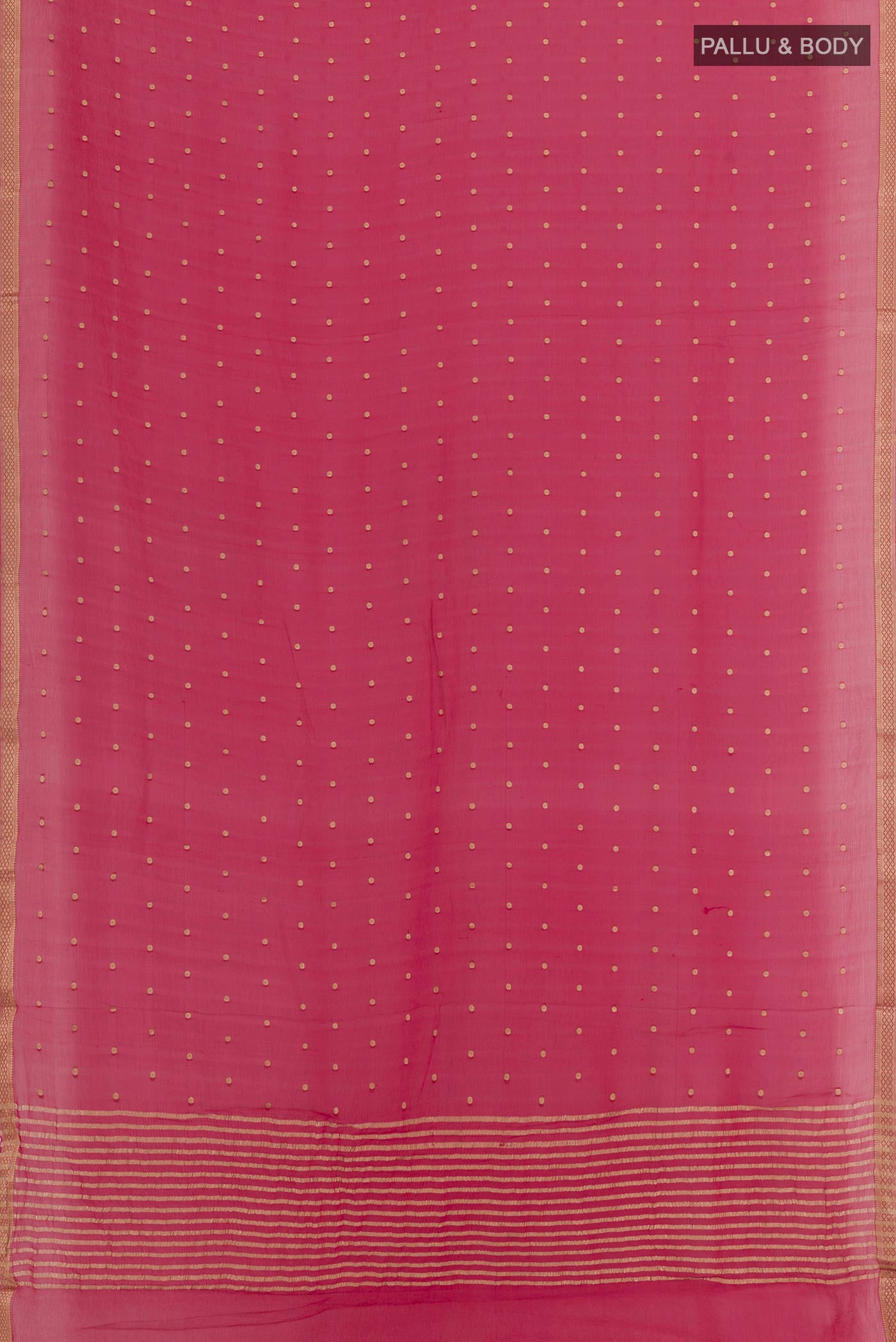 Flat view of Pink Chiffon Saree with Zari Butta on the body and Zari Border. 