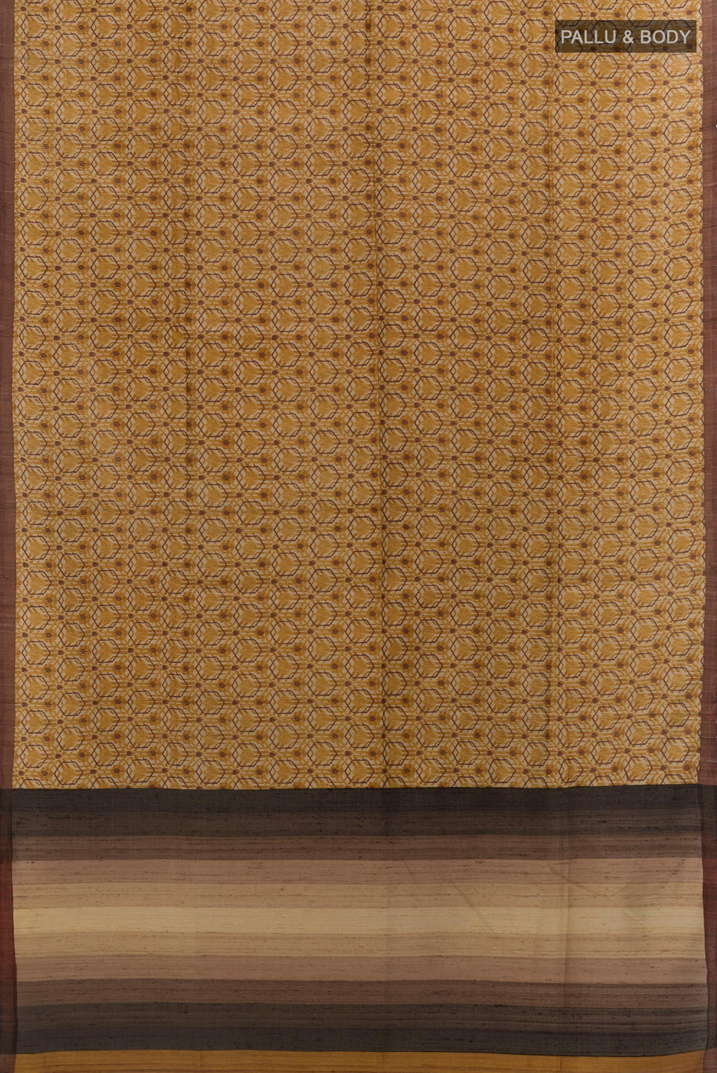 Flat view of Yellow Tussar Silk Saree with Printed design on the body and Plain Border. 