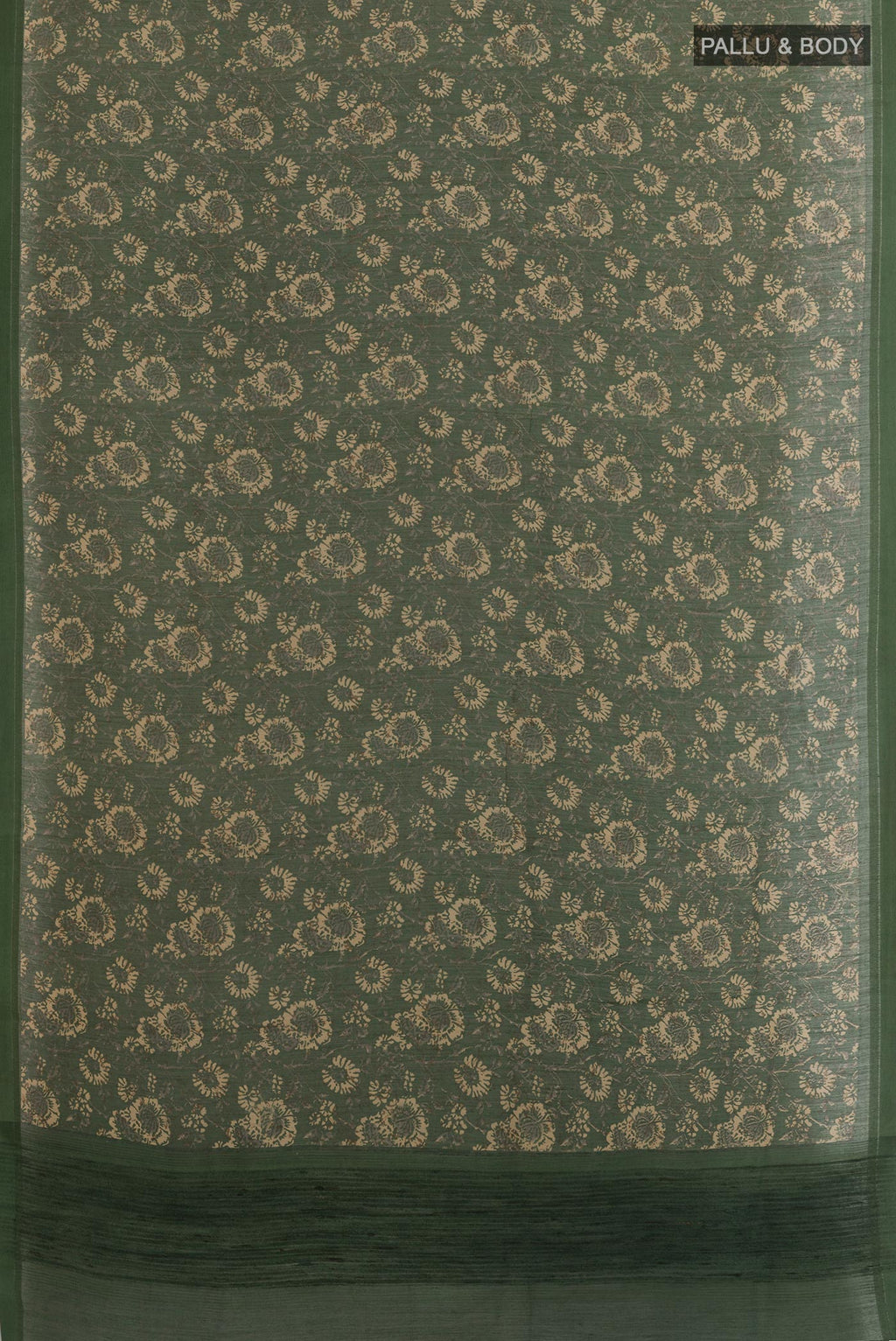 Flat view of Bottle Green Tussar Silk Saree with Printed design on the body and Thread Border. 