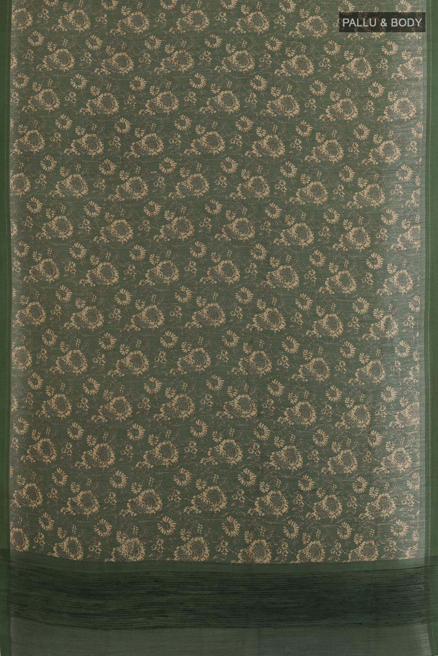Flat view of Bottle Green Tussar Silk Saree with Printed design on the body and Thread Border. 
