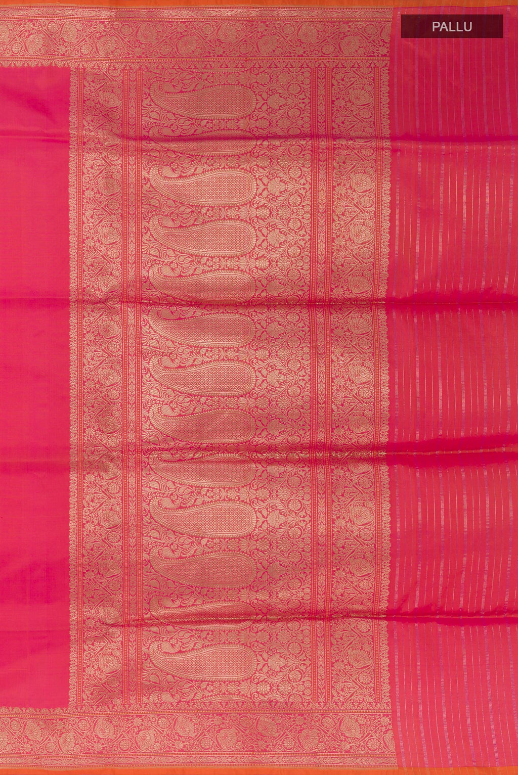 Close up image of the pallu of Pink Banarasi Silk Saree with Zari Butta on the body and Zari Border. 
