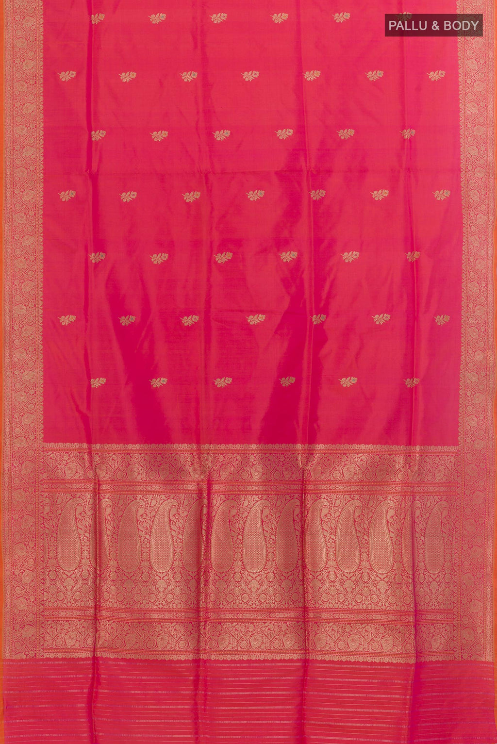 Flat view of Pink Banarasi Silk Saree with Zari Butta on the body and Zari Border. 