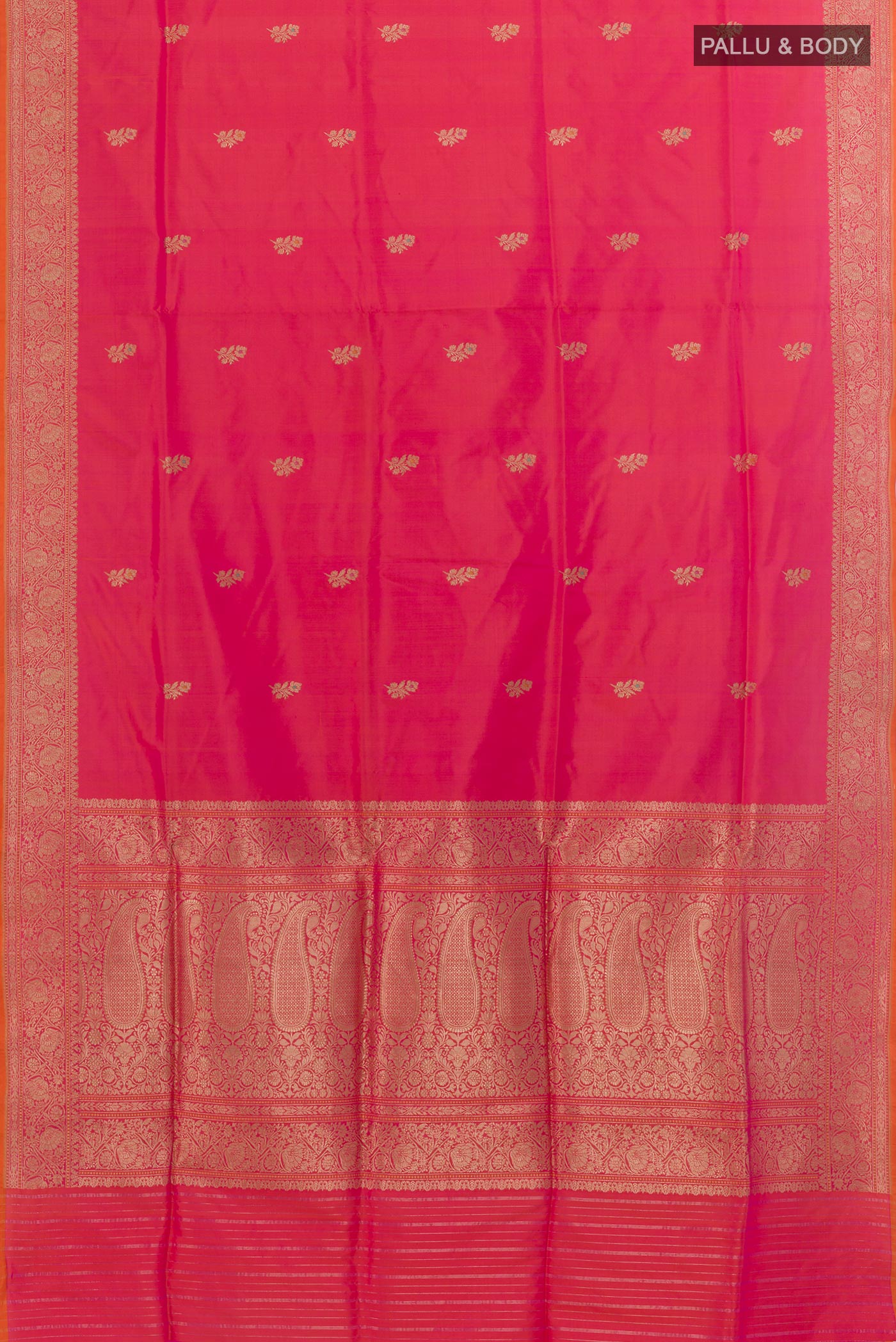 Flat view of Pink Banarasi Silk Saree with Zari Butta on the body and Zari Border. 