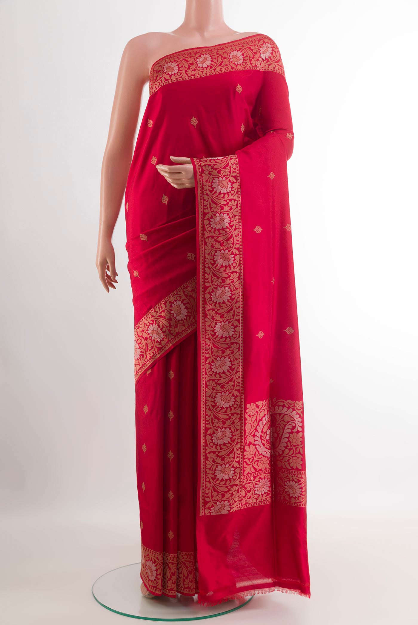 Red Banarasi Silk Saree with Zari Butta on the body and Zari Border.  displayed on a mannequin