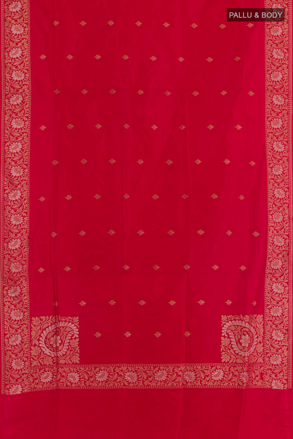 Flat view of Red Banarasi Silk Saree with Zari Butta on the body and Zari Border. 