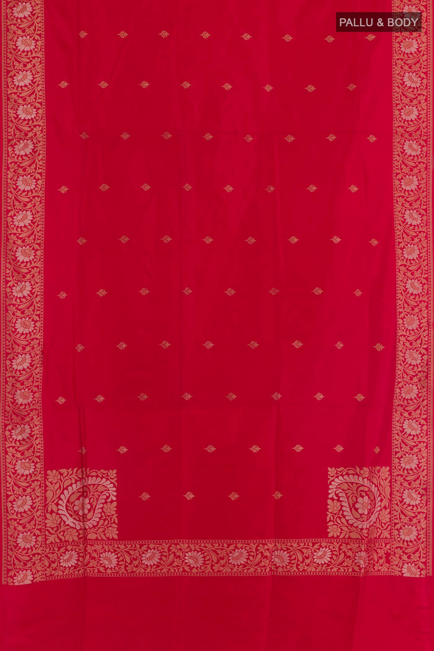Flat view of Red Banarasi Silk Saree with Zari Butta on the body and Zari Border. 