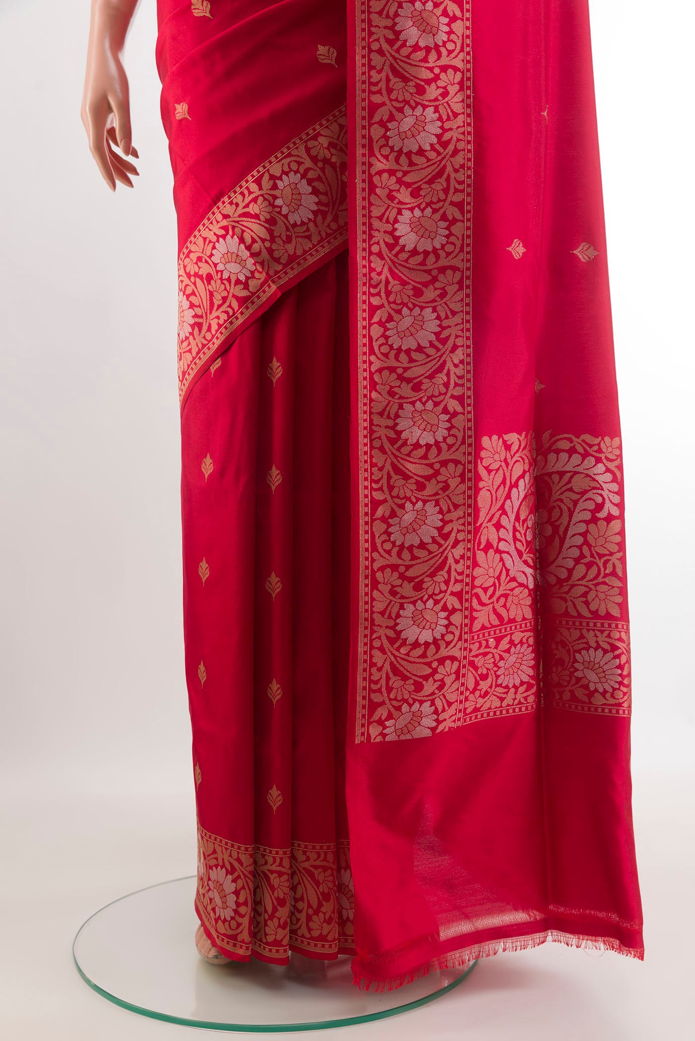 Pleats and pallu of Red Banarasi Silk Saree with Zari Butta on the body and Zari Border. 