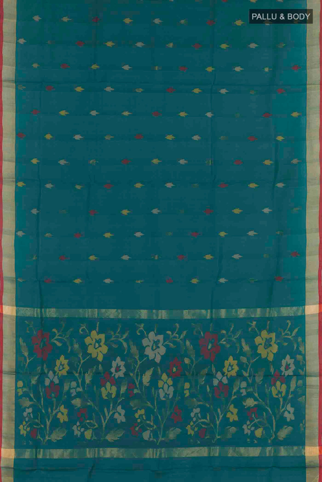 Flat view of Teal Uppada Silk Saree with Zari Butta on the body and Zari Border