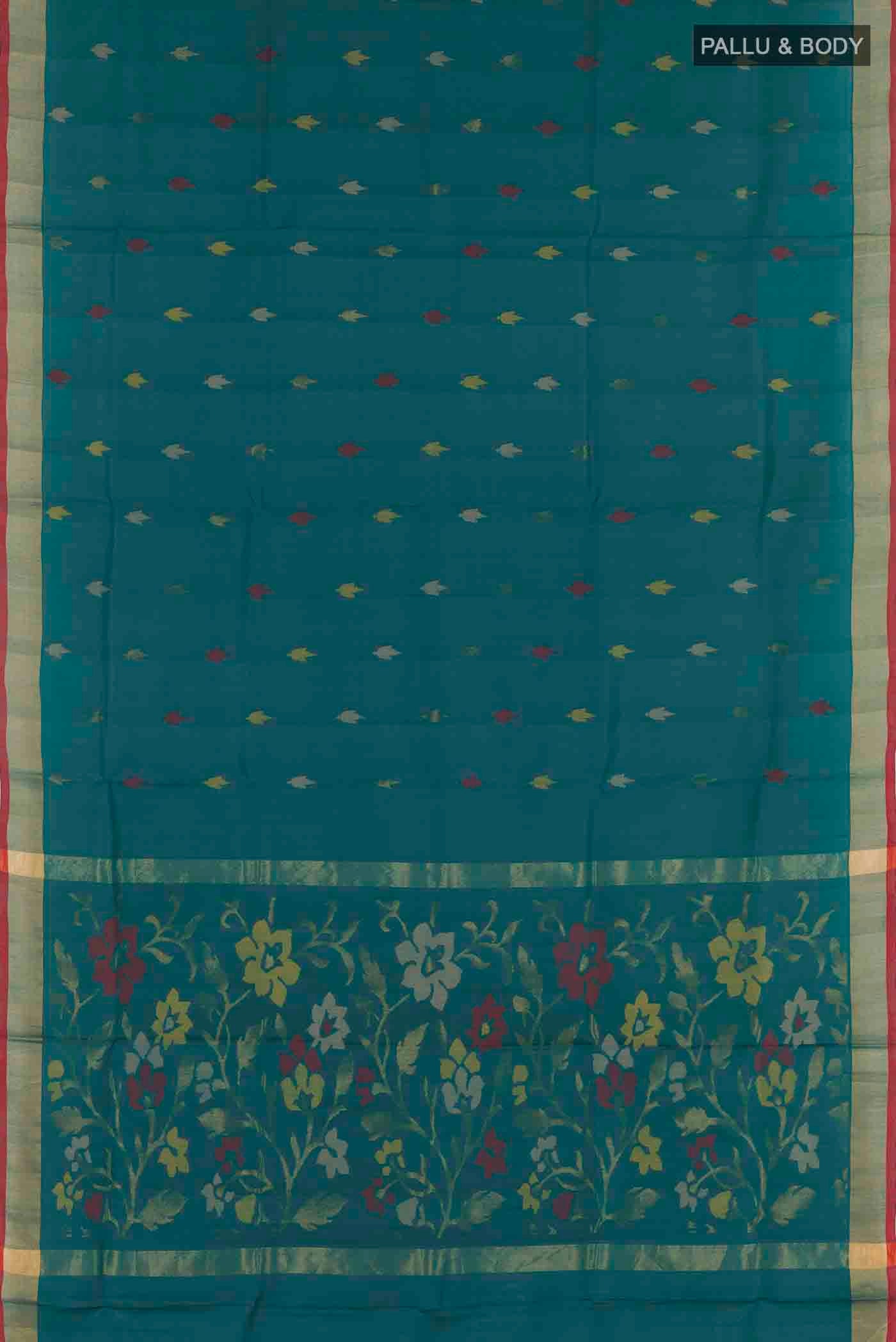 Flat view of Teal Uppada Silk Saree with Zari Butta on the body and Zari Border