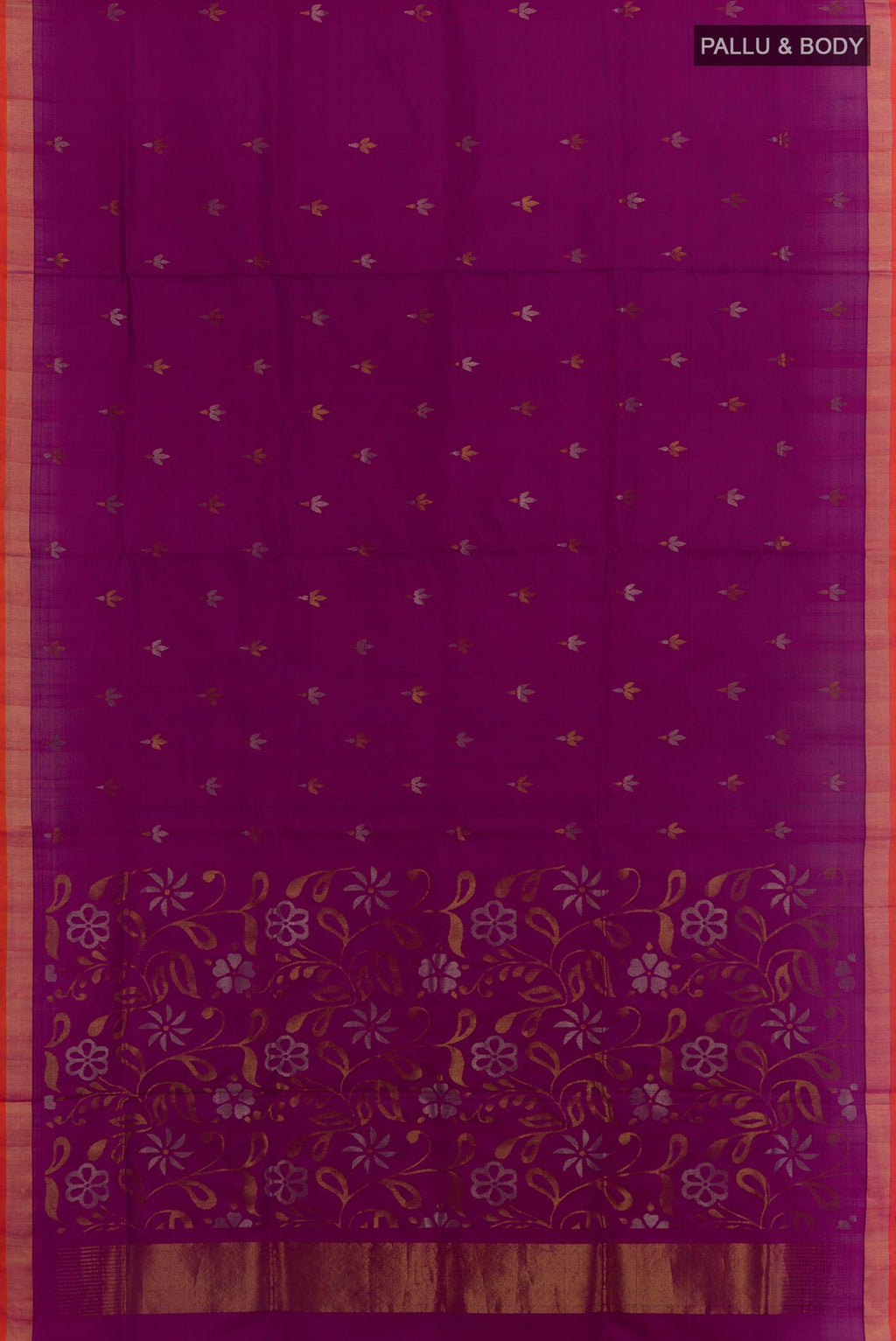 Flat view of Purple Uppada Silk Saree with Zari Butta on the body and Zari Border. 
