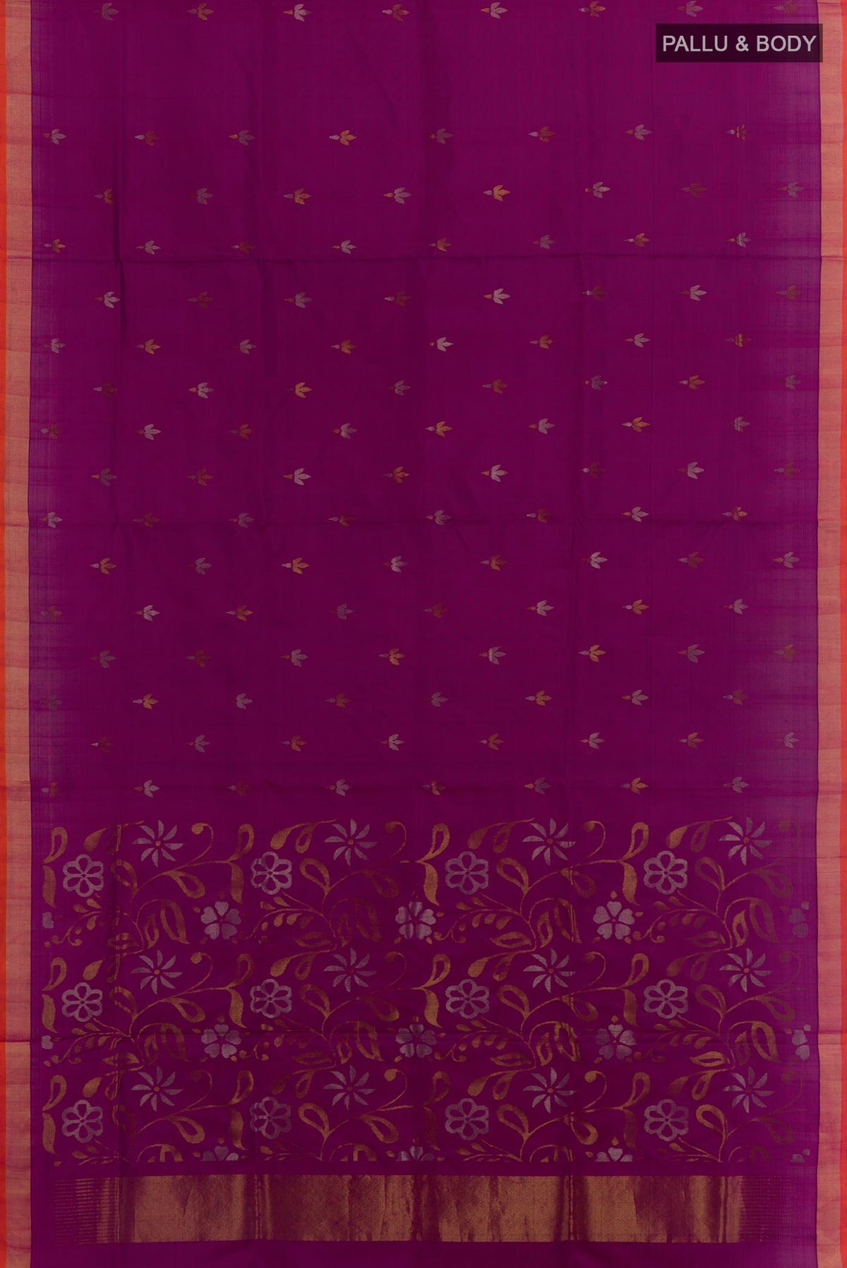 Flat view of Purple Uppada Silk Saree with Zari Butta on the body and Zari Border. 
