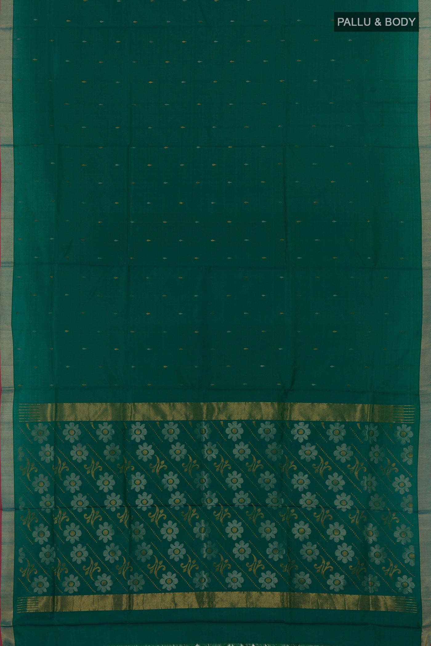 Flat view of Teal Uppada Silk Saree with Zari Butta on the body and Zari Border. 