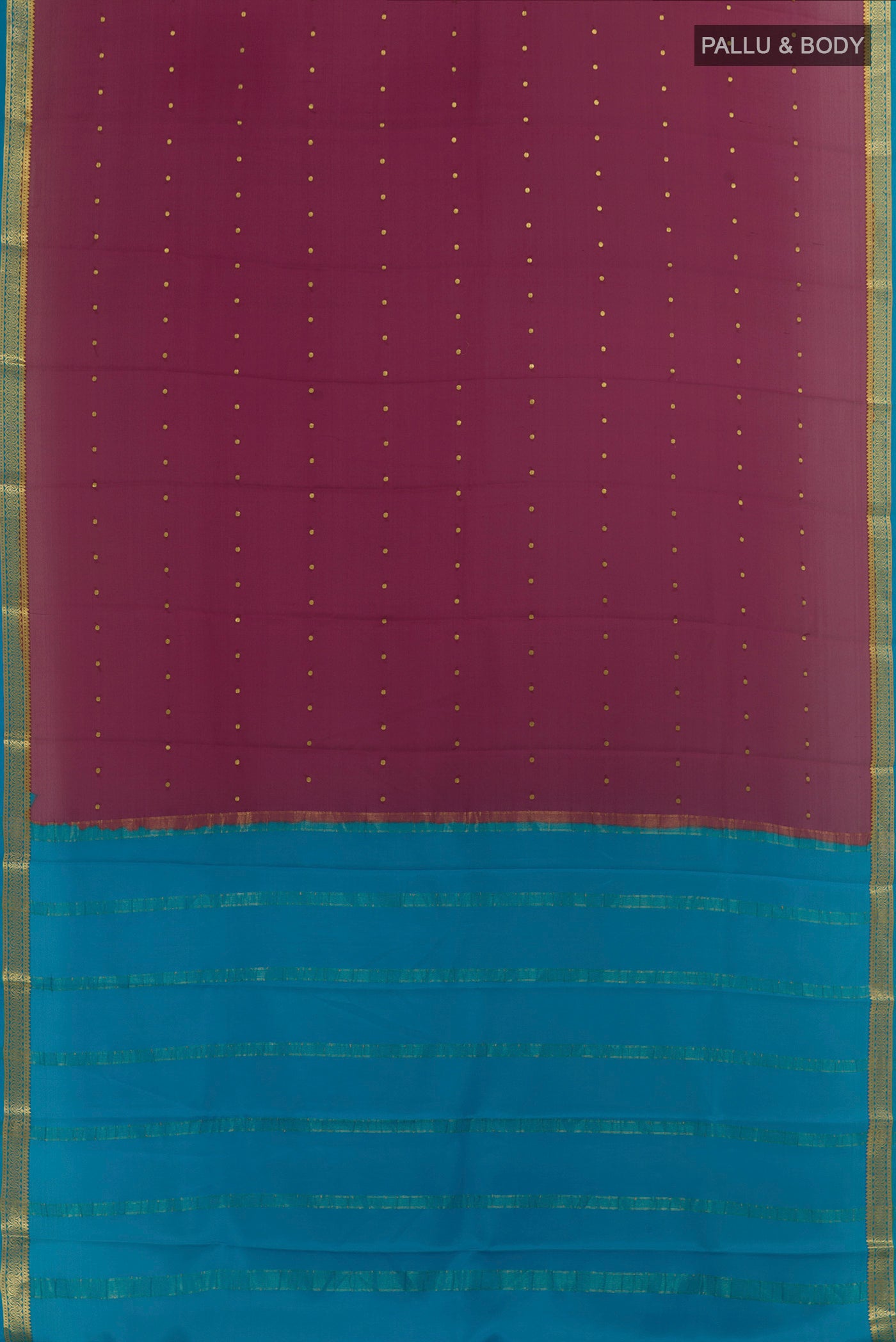 Flat view of Mauve Mysore Crepe Saree with Zari Butta on the body and Zari Border. 
