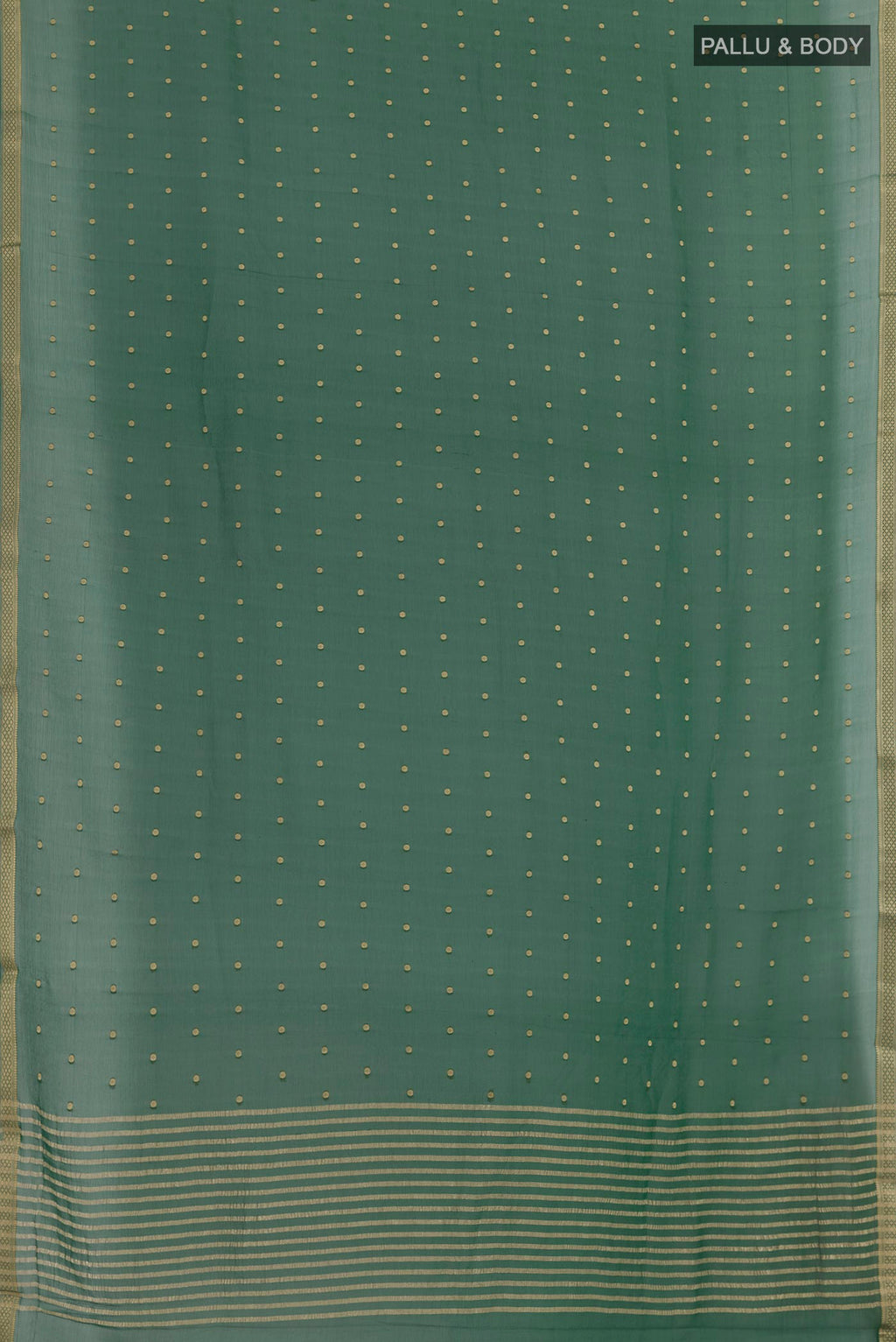Flat view of Green Chiffon Saree with Zari Butta on the body and Zari Border. 