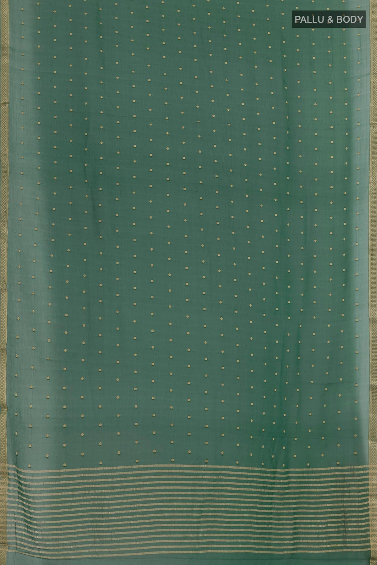 Flat view of Green Chiffon Saree with Zari Butta on the body and Zari Border. 