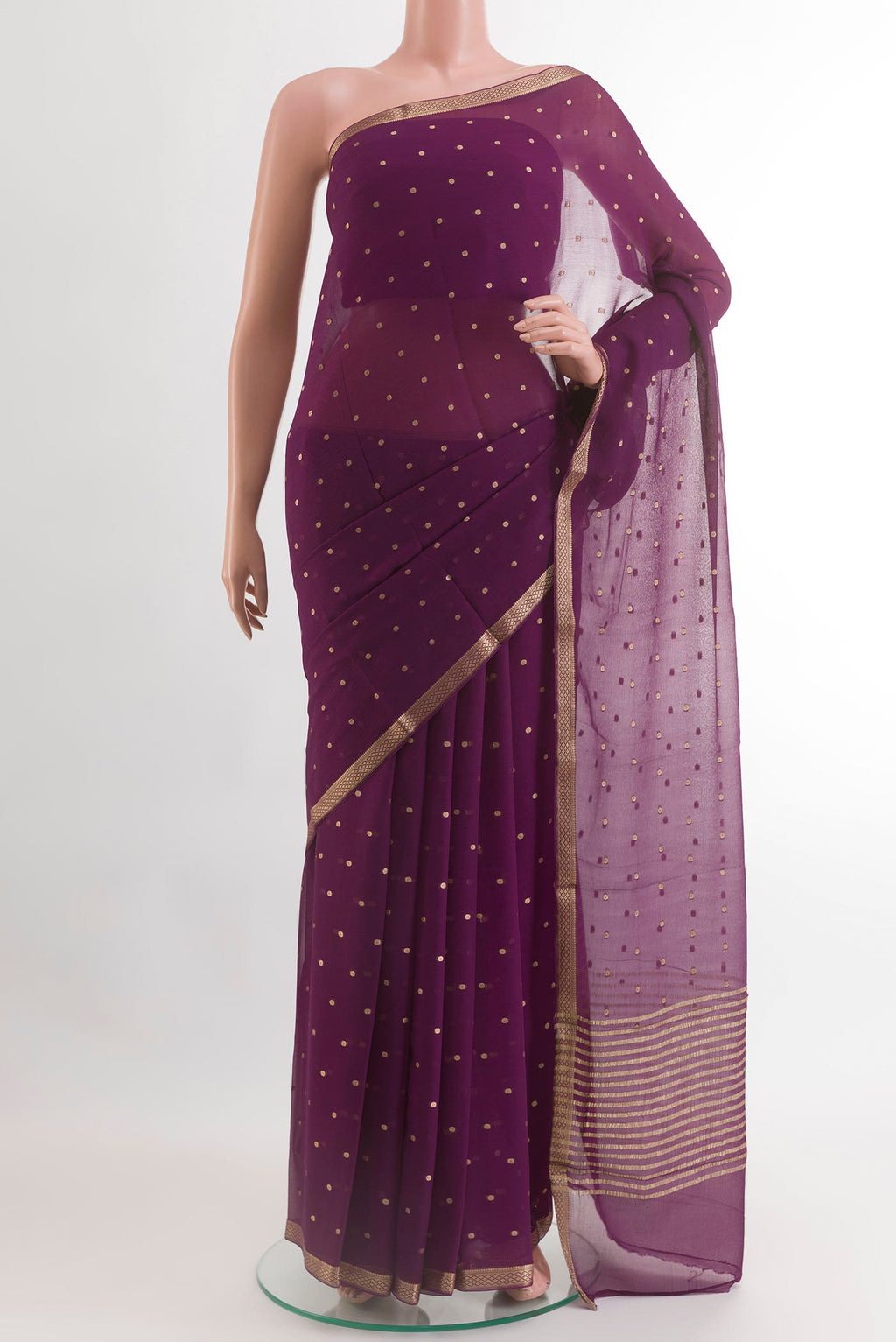 Purple Mysore Chiffon Saree with Zari Butta on the body and Zari Border.  displayed on a mannequin