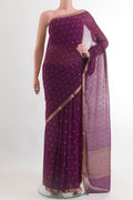 Purple Mysore Chiffon Saree with Zari Butta on the body and Zari Border.  displayed on a mannequin