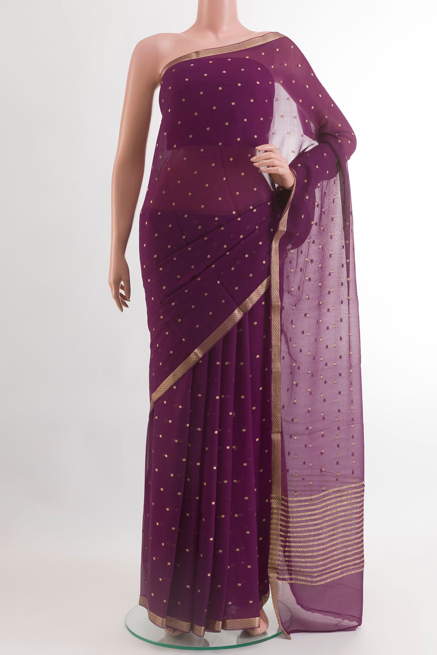 Purple Mysore Chiffon Saree with Zari Butta on the body and Zari Border.  displayed on a mannequin