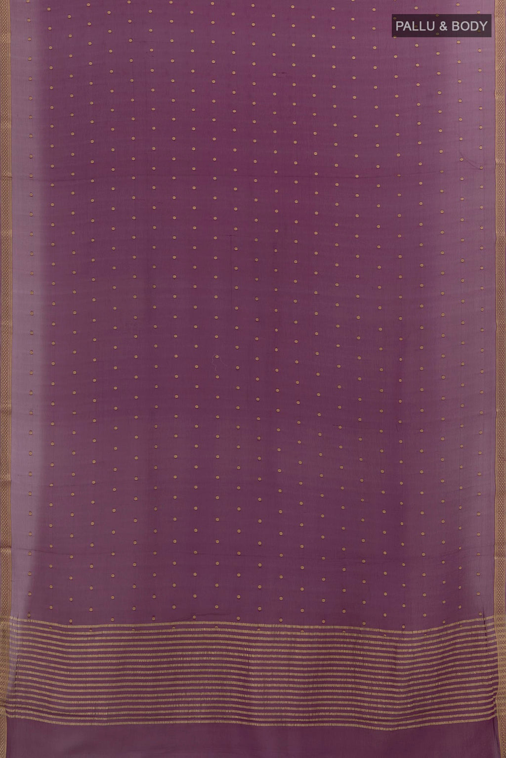 Flat view of Purple Mysore Chiffon Saree with Zari Butta on the body and Zari Border. 