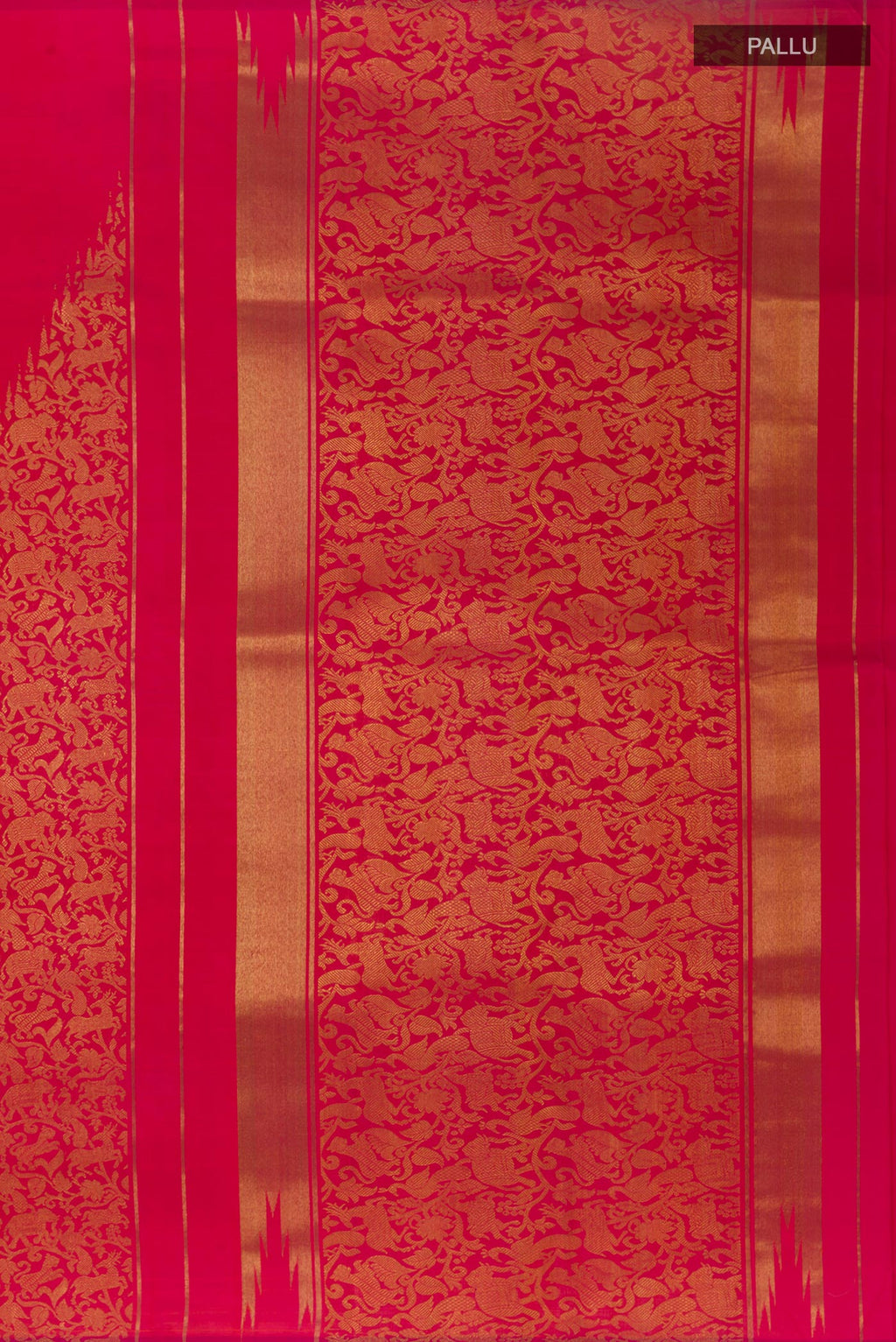 Close up image of the pallu of Pink Kanchipuram Silk Saree with Plain Body and Fancy Border. 