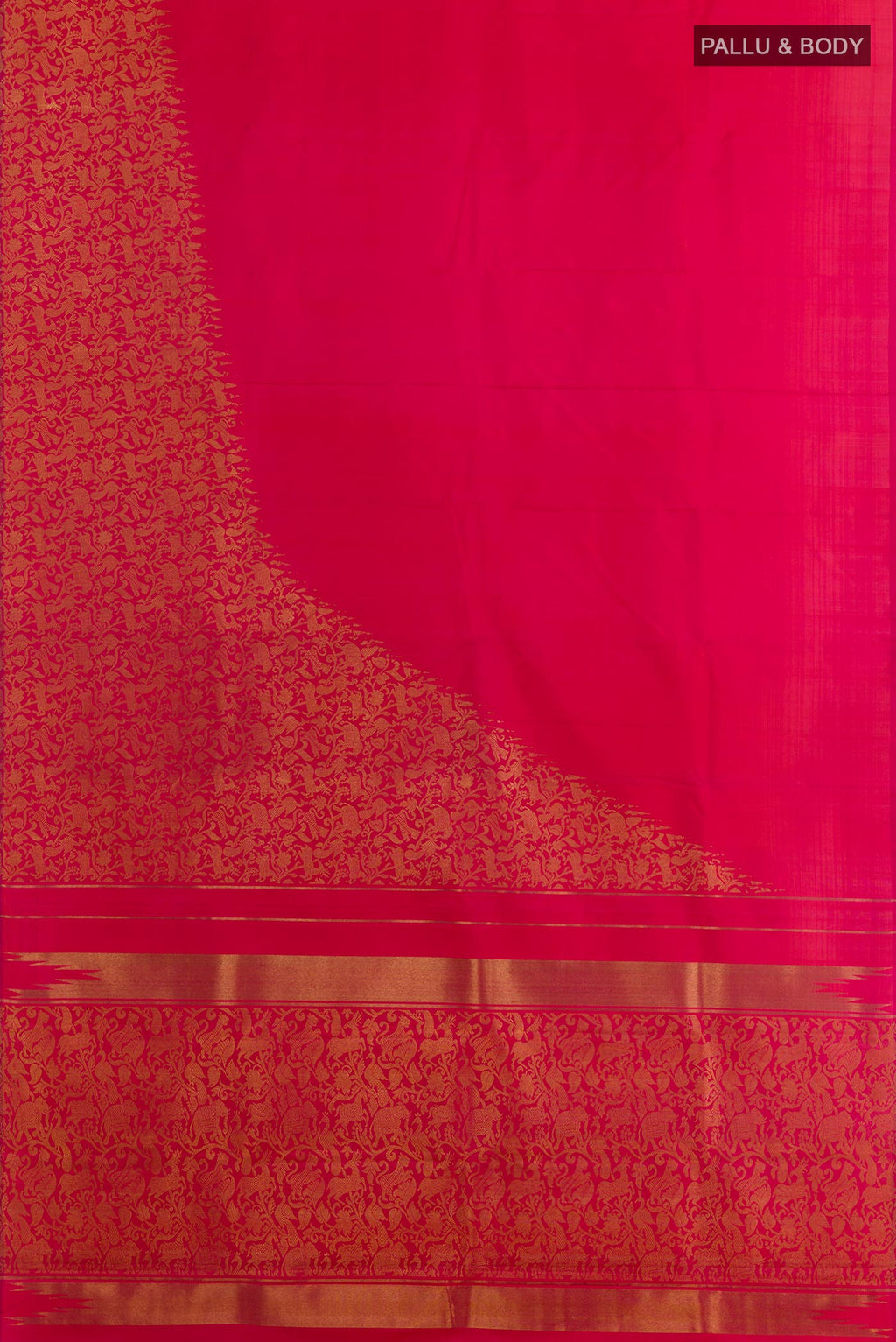 Flat view of Pink Kanchipuram Silk Saree with Plain Body and Fancy Border. 