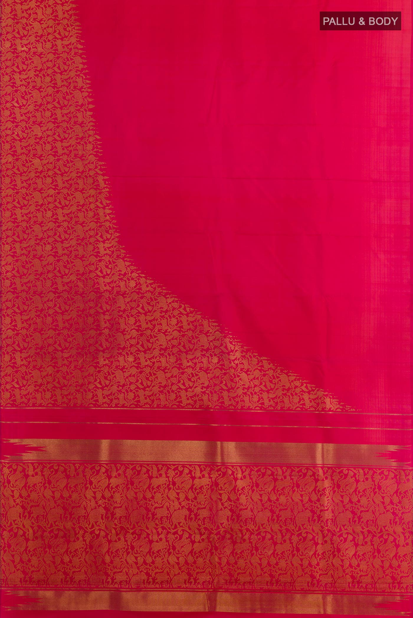 Flat view of Pink Kanchipuram Silk Saree with Plain Body and Fancy Border. 