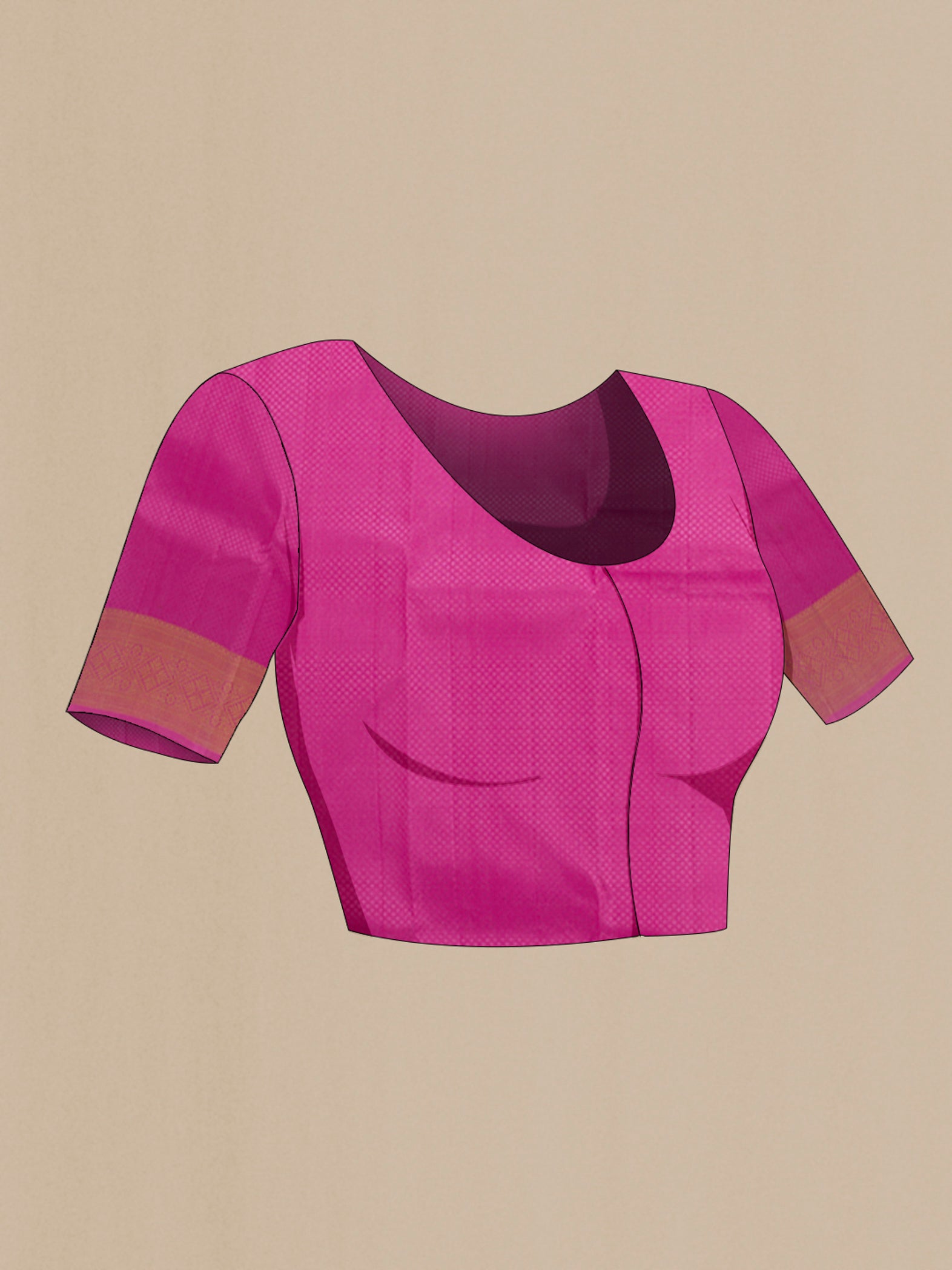 Close up image of the blouse of Pink Kanchipuram Silk Saree with Jacquard With Zari Butta on the body and Zari Border. 