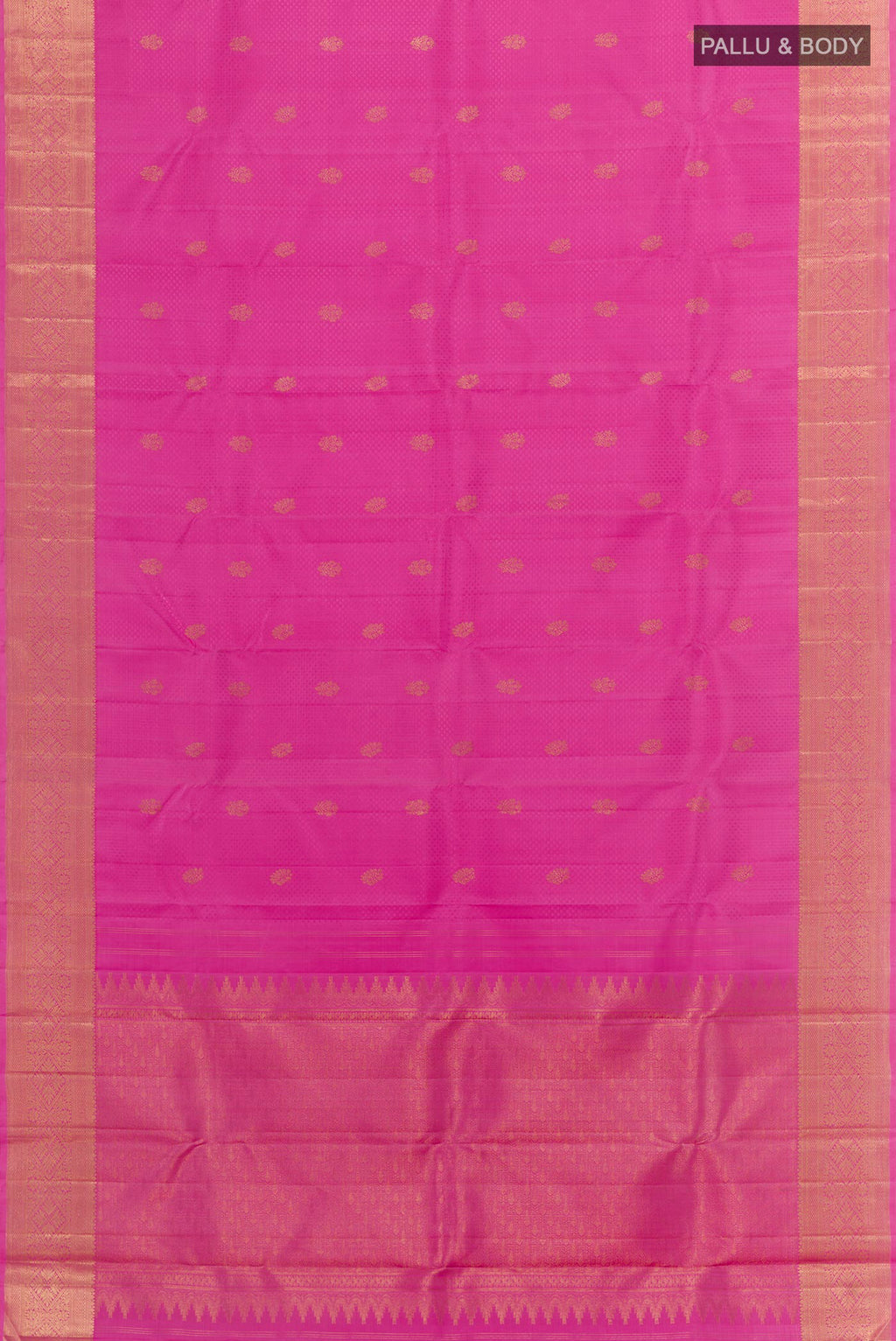 Flat view of Pink Kanchipuram Silk Saree with Jacquard With Zari Butta on the body and Zari Border. 