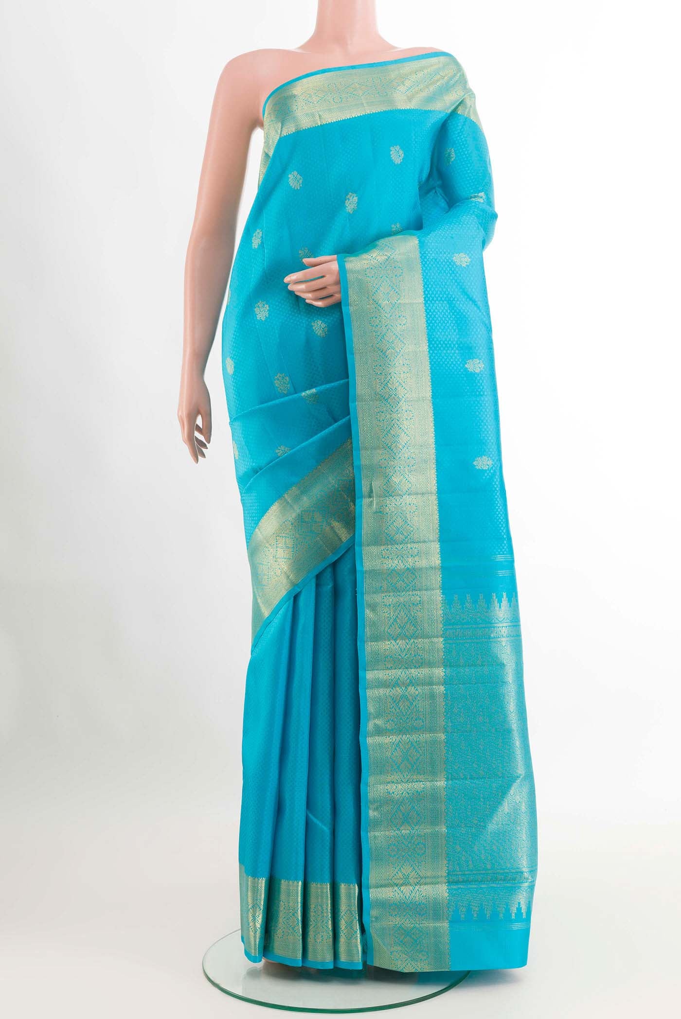 Blue Kanchipuram Silk Saree with Jacquard With Zari Butta on the body and Zari Border displayed on a mannequin