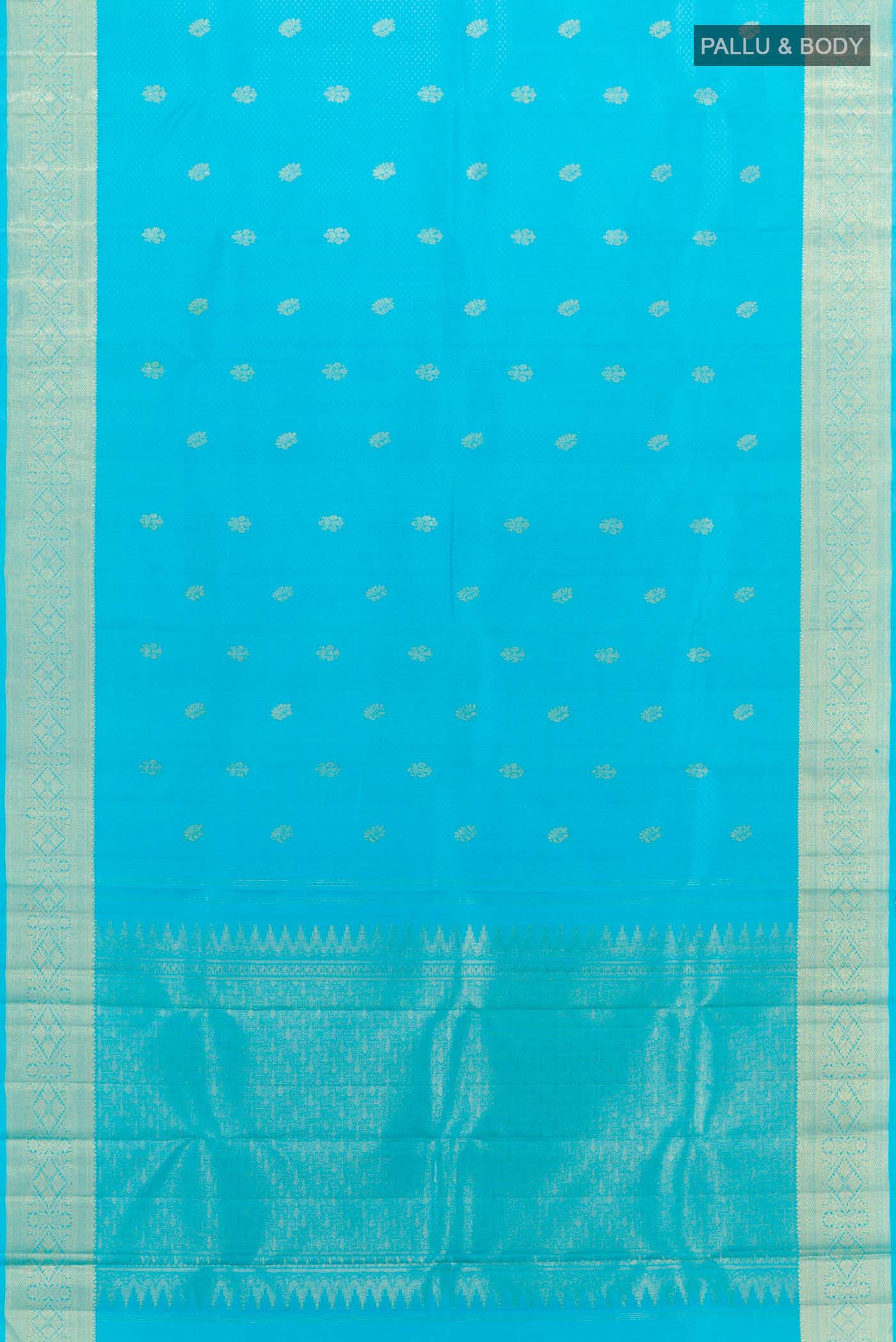 Flat view of Blue Kanchipuram Silk Saree with Jacquard With Zari Butta on the body and Zari Border
