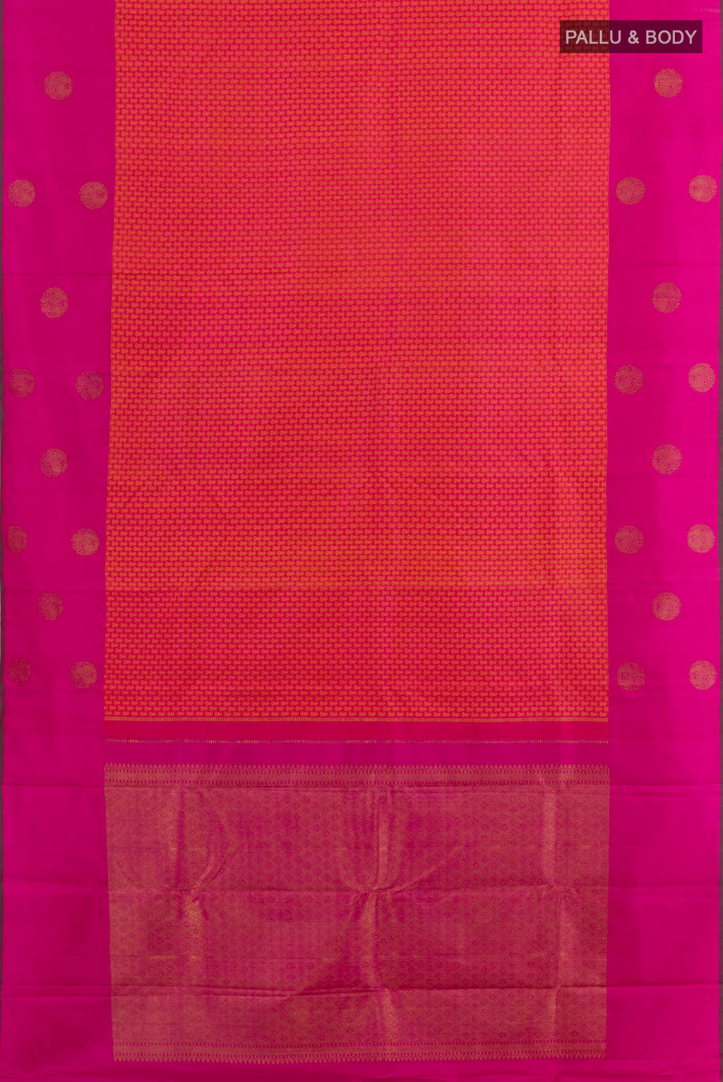 Flat view of Brick Orange Kanjivaram Silk Saree with Jacquard design on the body and Plain Border. 