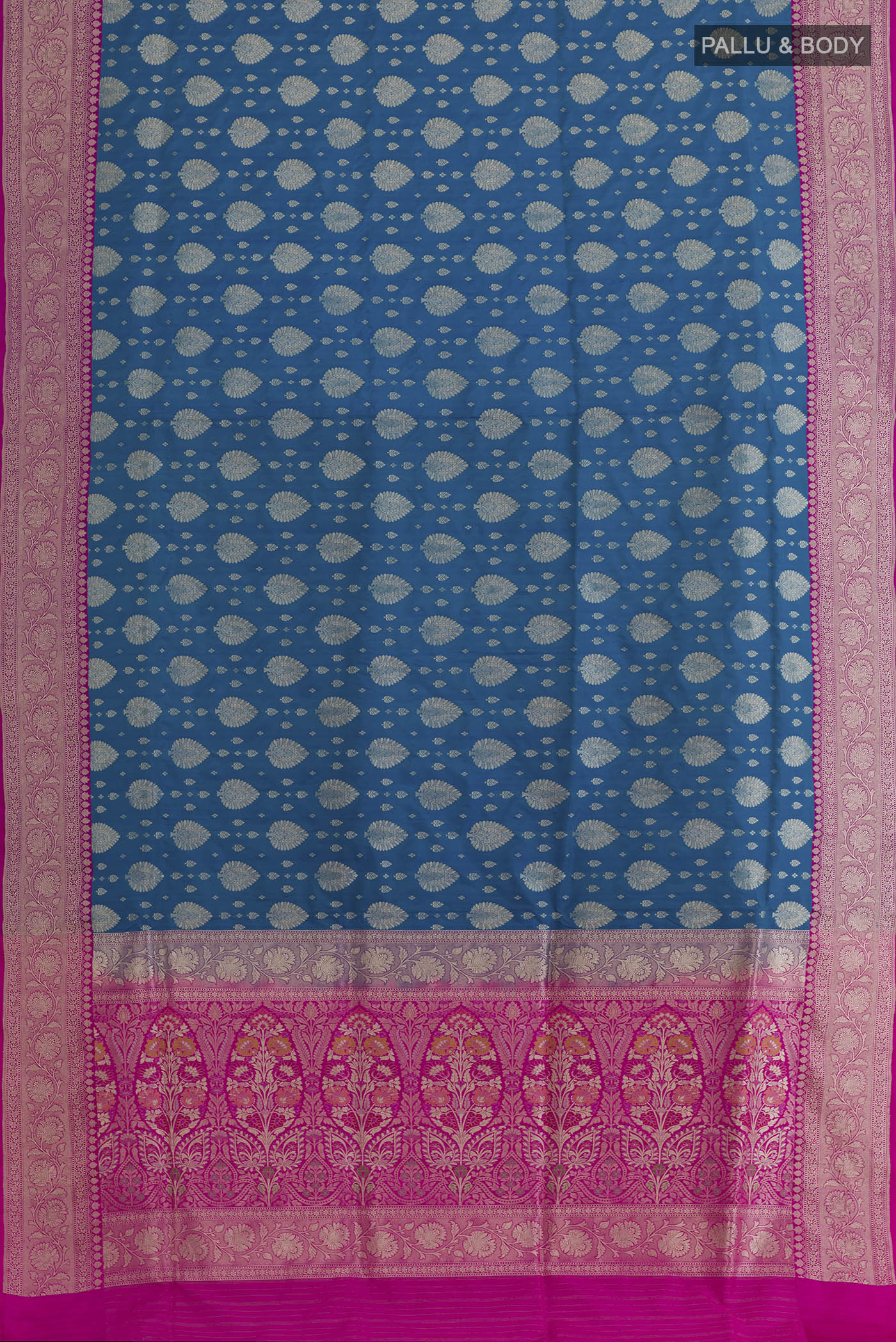 Flat view of Blue Banarasi Silk Saree with Zari Brocade on the body and Zari Border. 