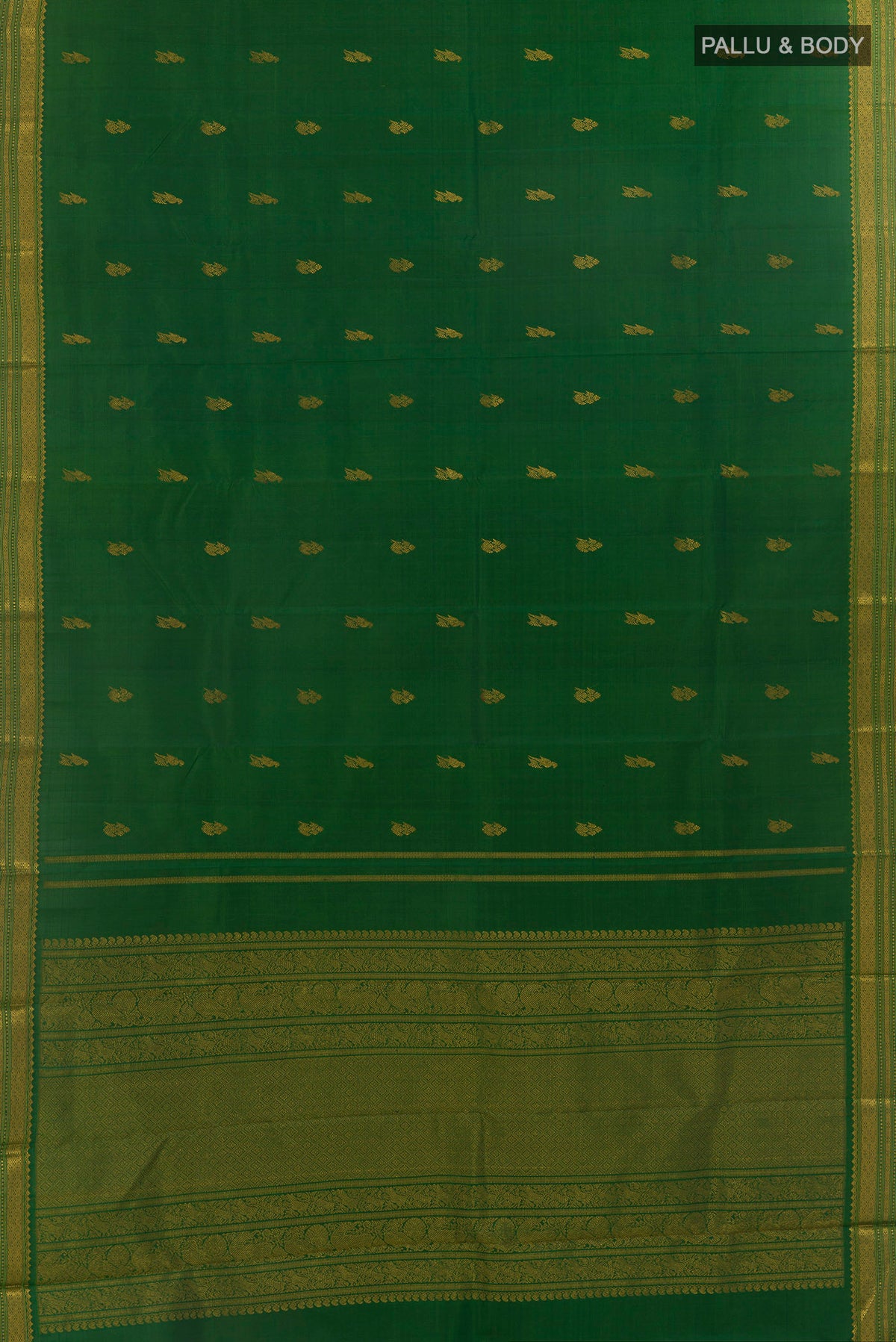 Flat view of Pure Silk Green Kanchipuram Saree with Zari Butta on the body and Zari Border. 