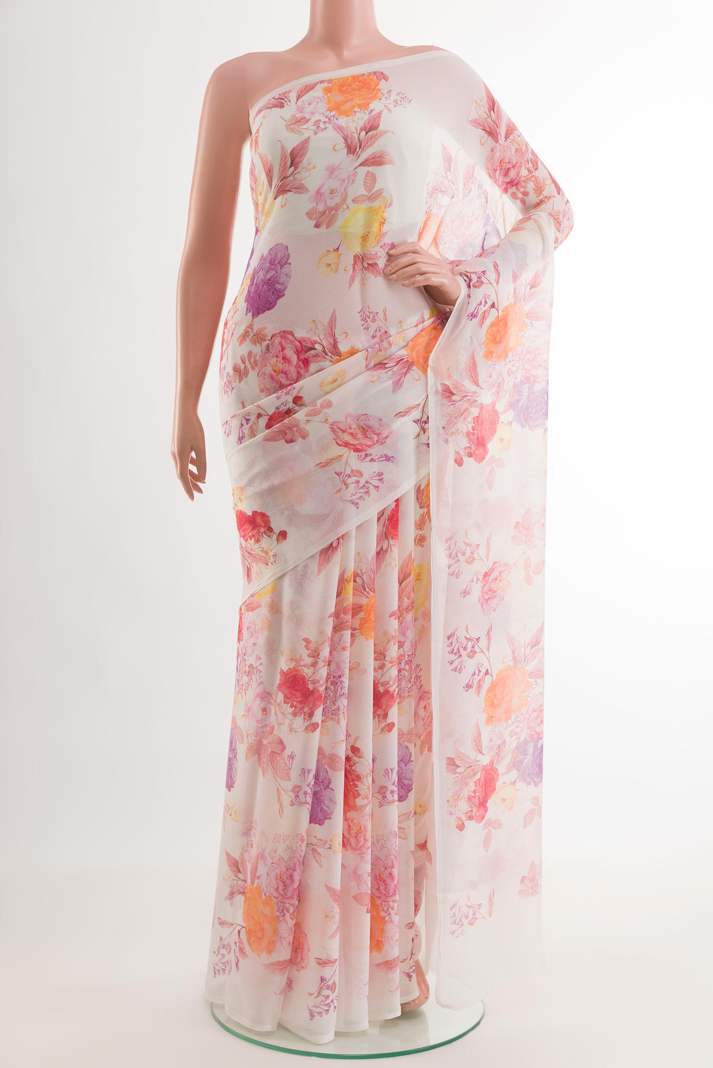 Off White Chiffon Saree with Printed design on the body and Plain Border.  displayed on a mannequin