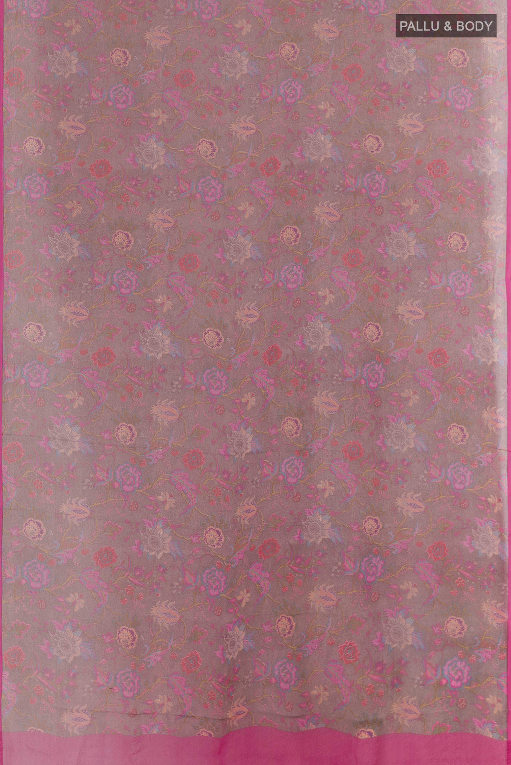 Flat view of Grey Chiffon Saree with Printed design on the body and Zari Border. 