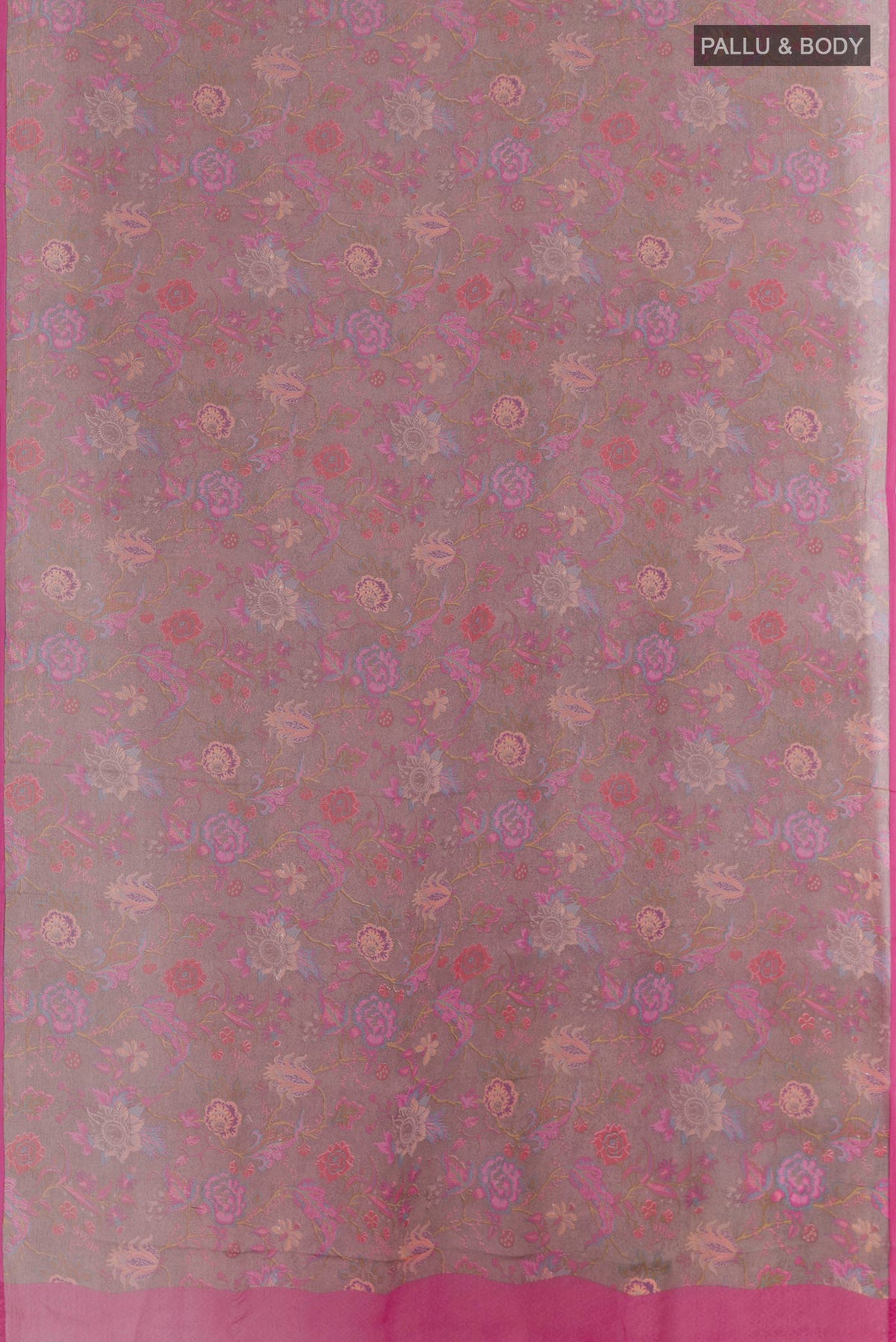 Flat view of Grey Chiffon Saree with Printed design on the body and Zari Border. 