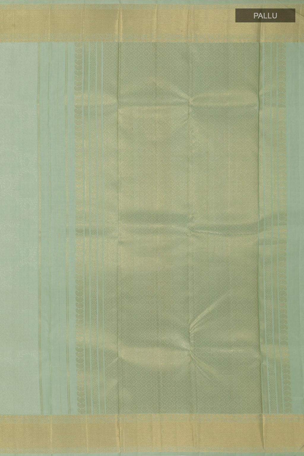 Close up image of the pallu of Mint Green Kanchipuram Silk Saree with Jacquard design on the body and Zari Border. 