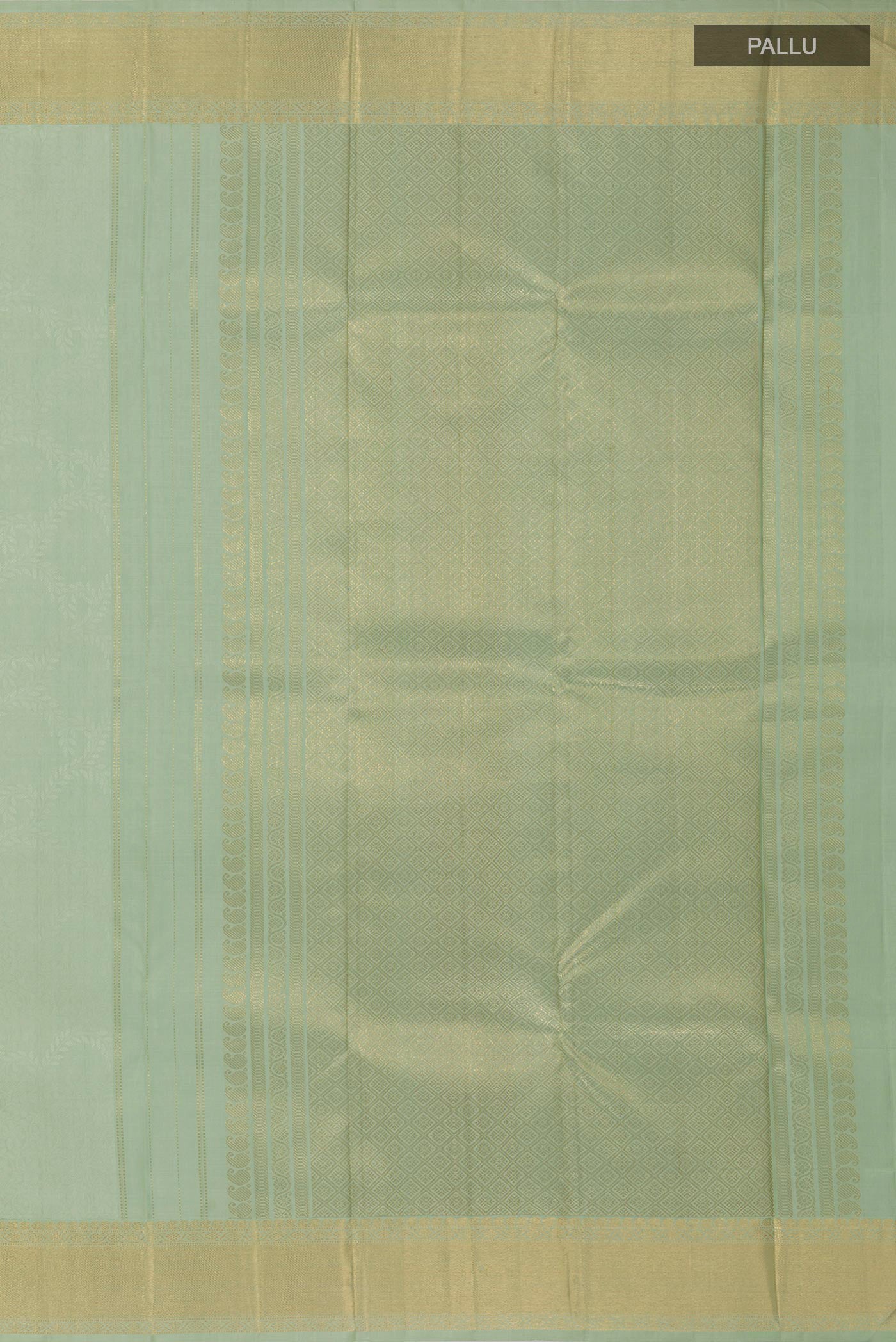 Close up image of the pallu of Mint Green Kanchipuram Silk Saree with Jacquard design on the body and Zari Border. 