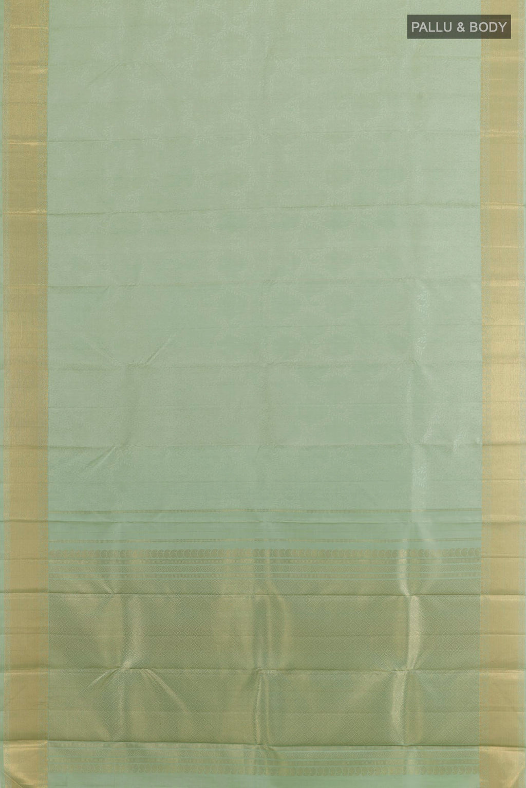 Flat view of Mint Green Kanchipuram Silk Saree with Jacquard design on the body and Zari Border. 