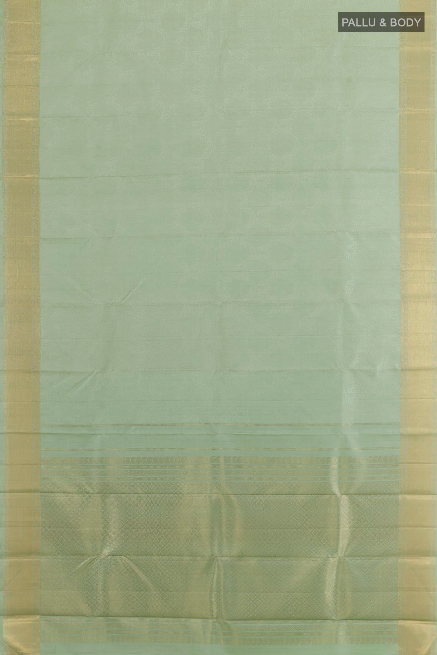 Flat view of Mint Green Kanchipuram Silk Saree with Jacquard design on the body and Zari Border. 