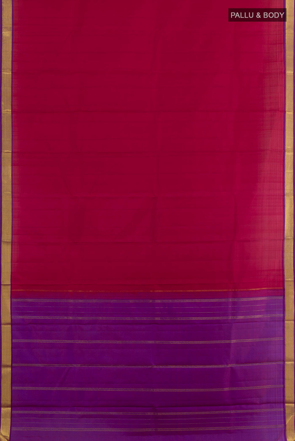 Flat view of Maroon Kanjivaram Silk Saree with Plain Body and Zari Border. 