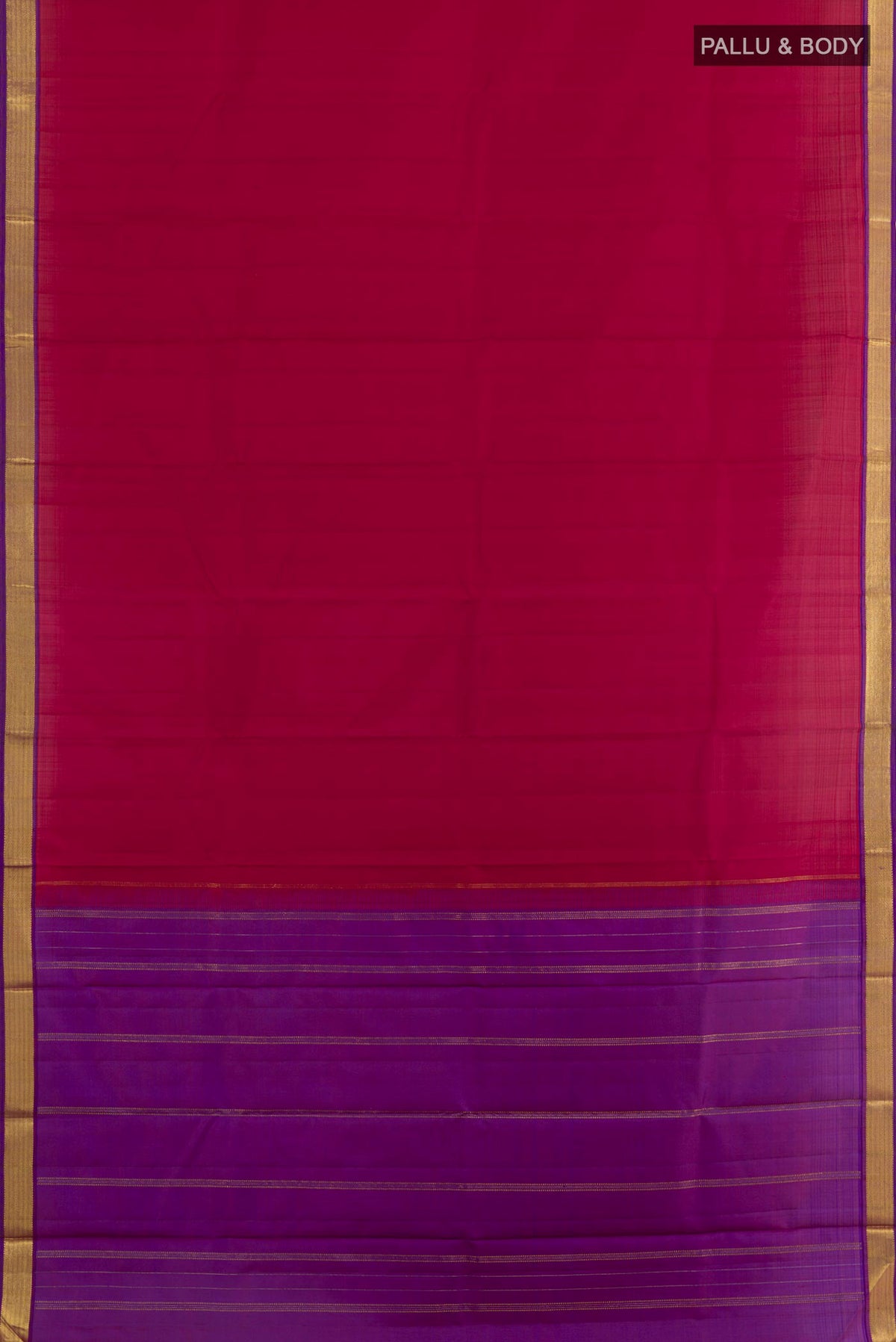 Flat view of Maroon Kanjivaram Silk Saree with Plain Body and Zari Border. 