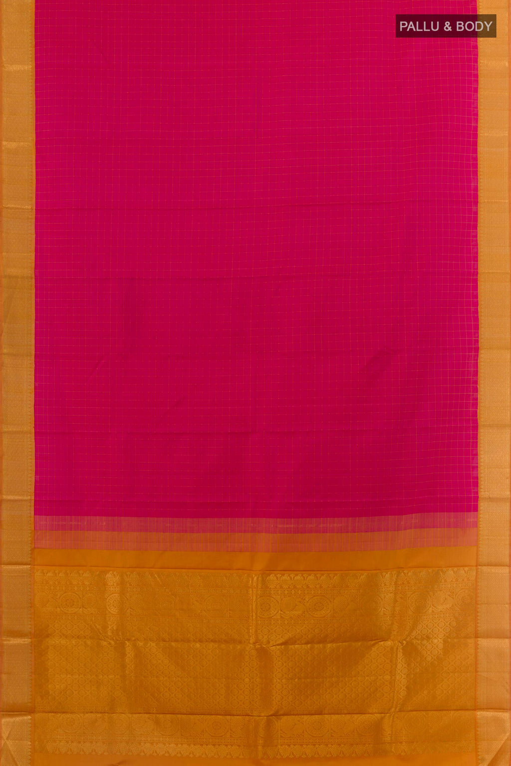 Flat view of Pink Kanjivaram Silk Saree with Checked design on the body and Zari Border. 