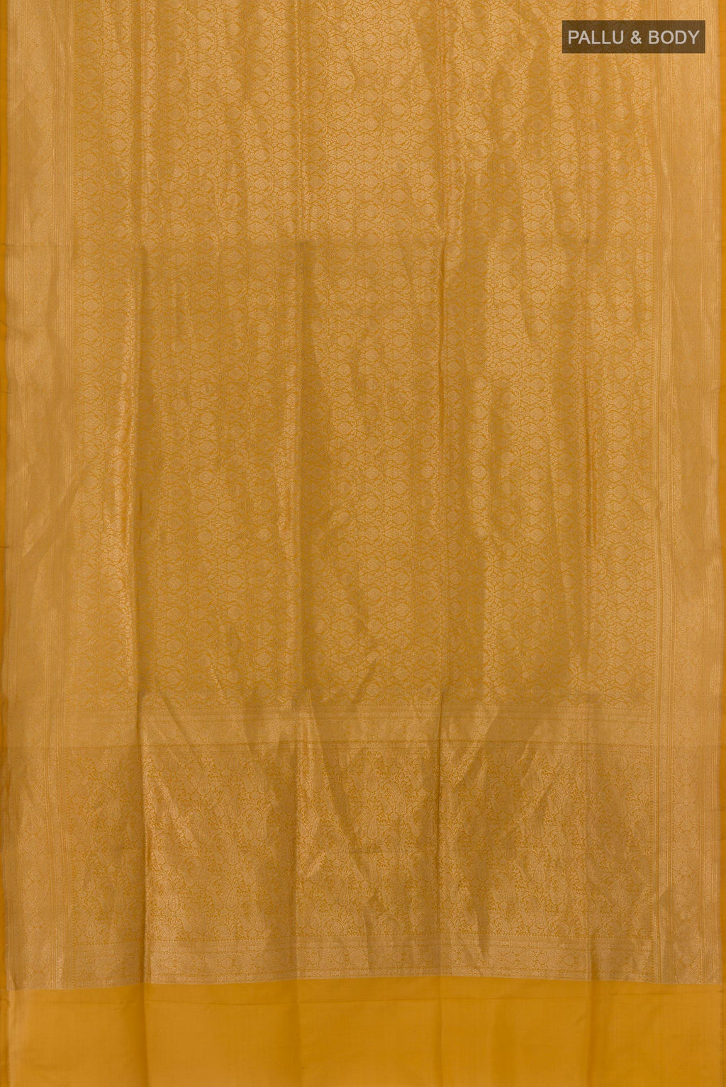 Flat view of Mustard Banarasi Silk Saree with Zari Brocade on the body and Zari Border. 
