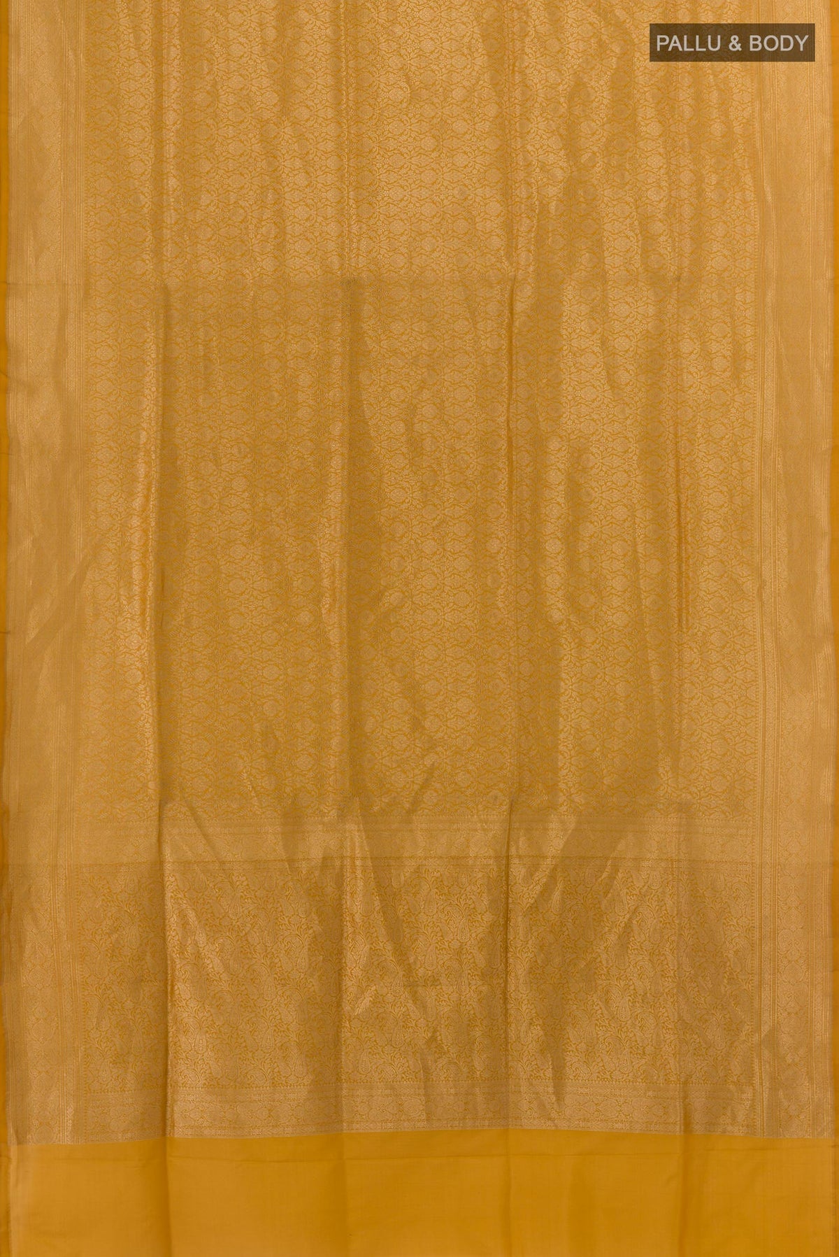 Flat view of Mustard Banarasi Silk Saree with Zari Brocade on the body and Zari Border. 