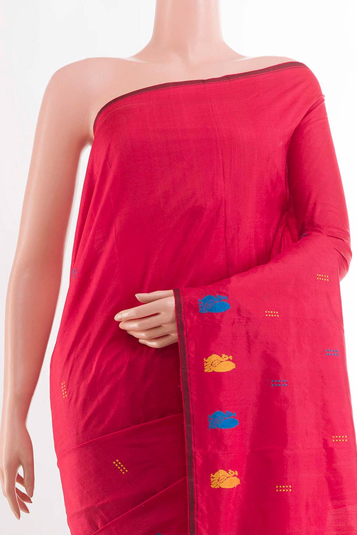 Border image of Red Kanchipuram Silk Saree with Thread Butta on the body and Thread Border