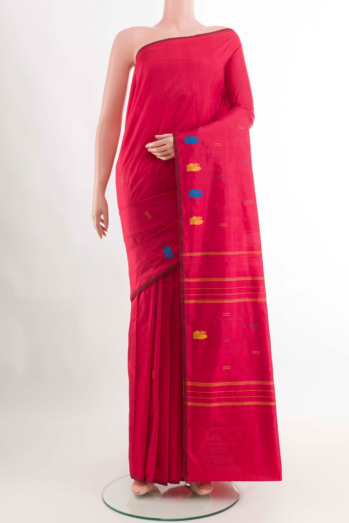 Red Kanchipuram Silk Saree with Thread Butta on the body and Thread Border displayed on a mannequin